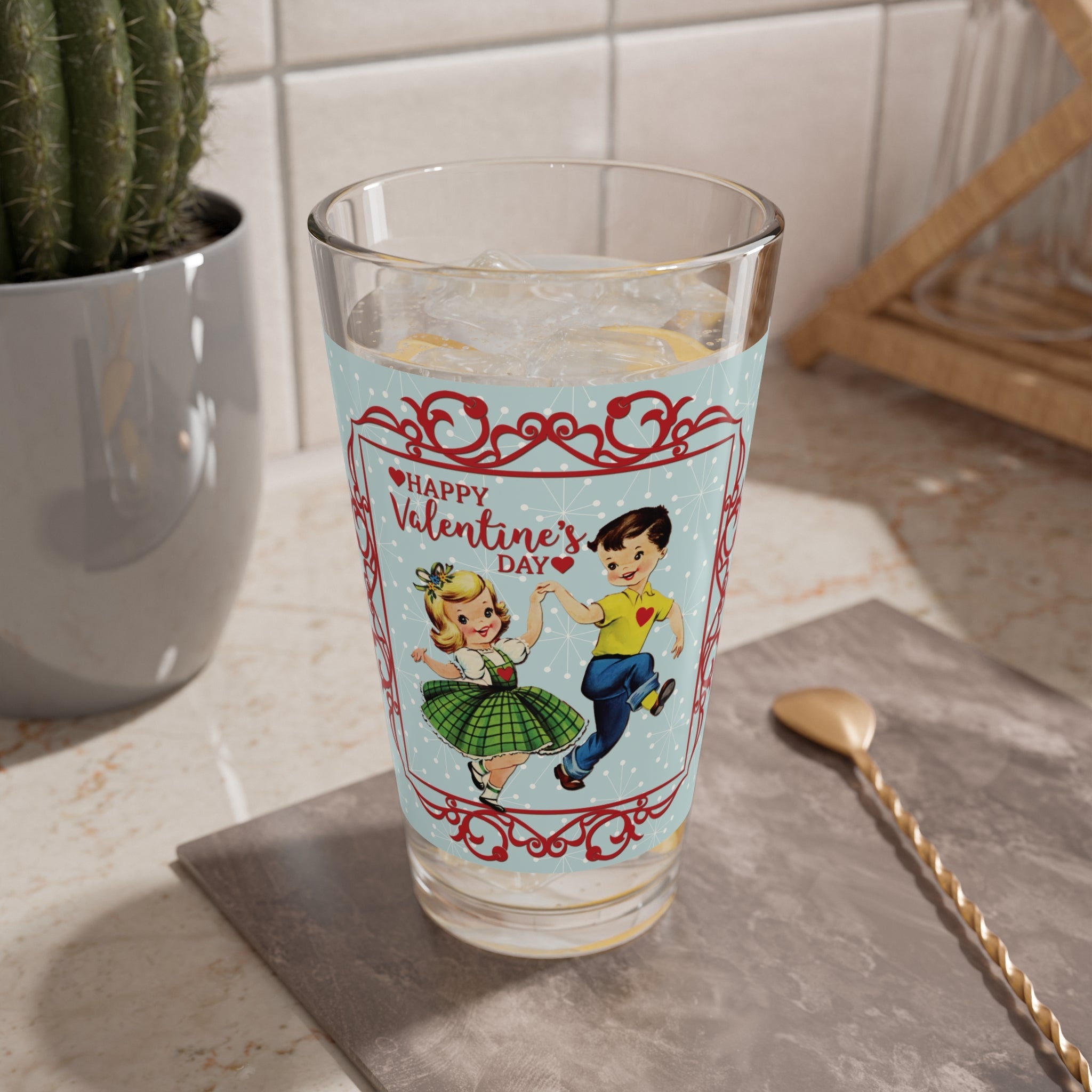 Kate McEnroe New York Retro Vintage Kitsch Valentine Pint Glass, Mid Century Modern Starburst Romantic Boy Girl BarwarePint Glasses28451834439042284552