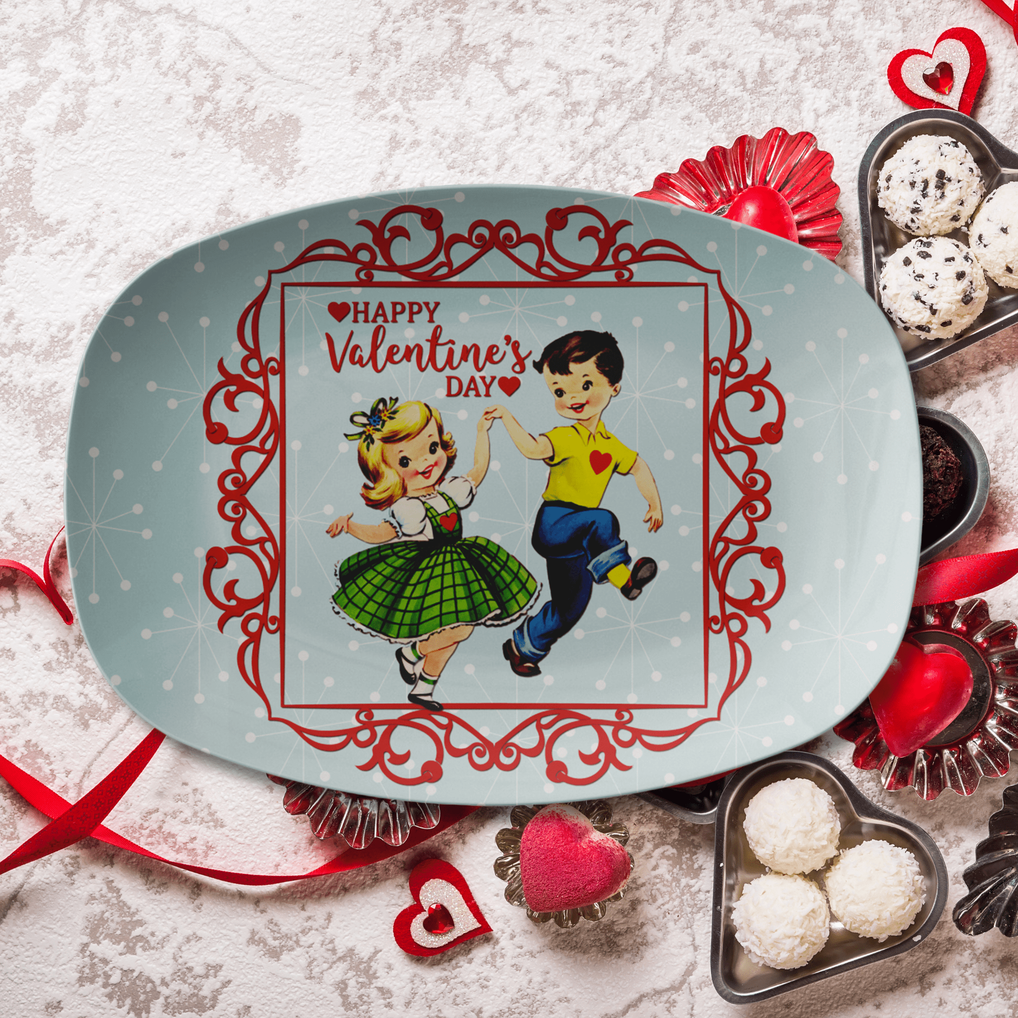 Kate McEnroe New York Retro Vintage Kitsch Valentine Platter, Mid Century Modern Starburst Dancing Romantic Boy Girl DinnerwareServing PlattersP23BYGLVAL2