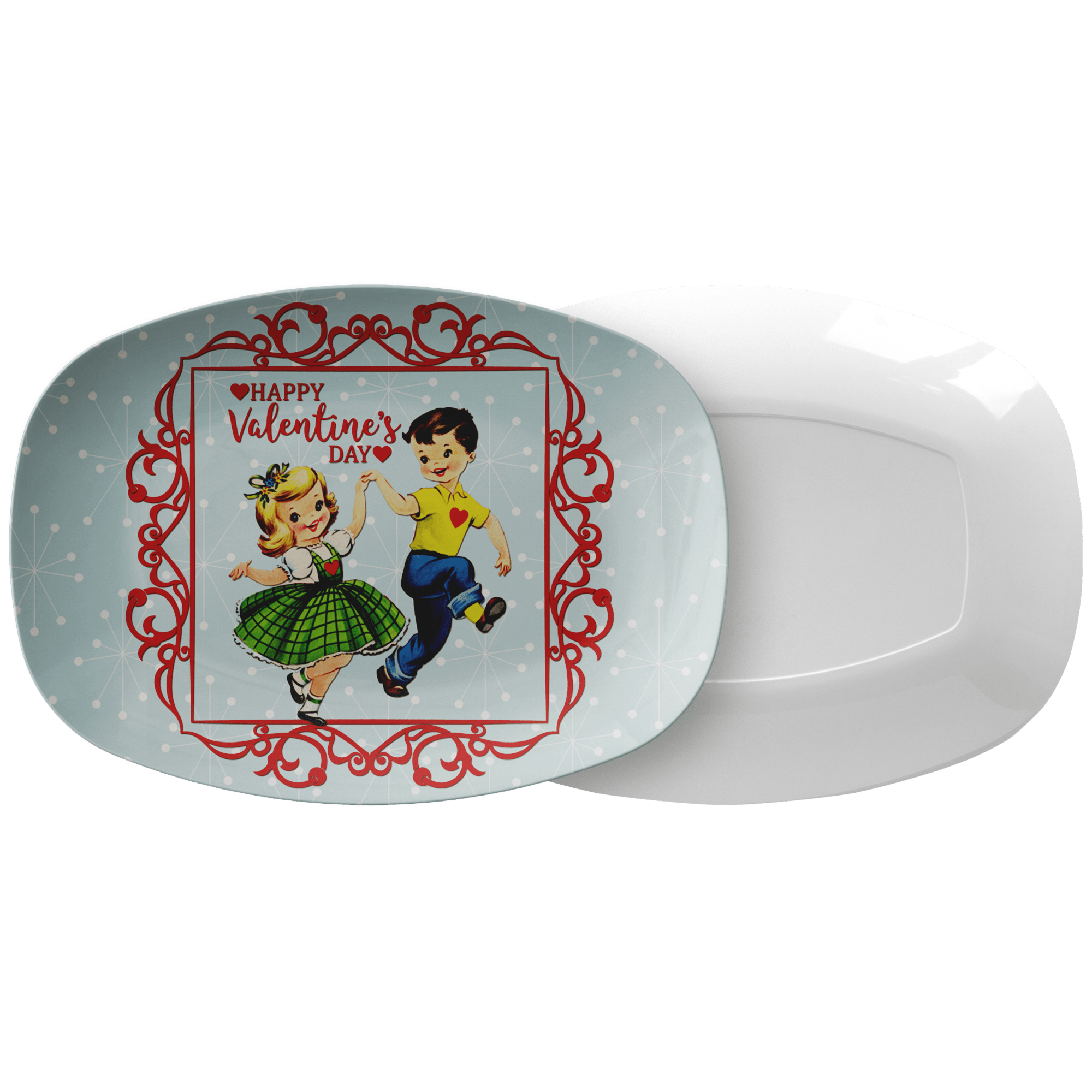Kate McEnroe New York Retro Vintage Kitsch Valentine Platter, Mid Century Modern Starburst Dancing Romantic Boy Girl DinnerwareServing PlattersP23BYGLVAL2