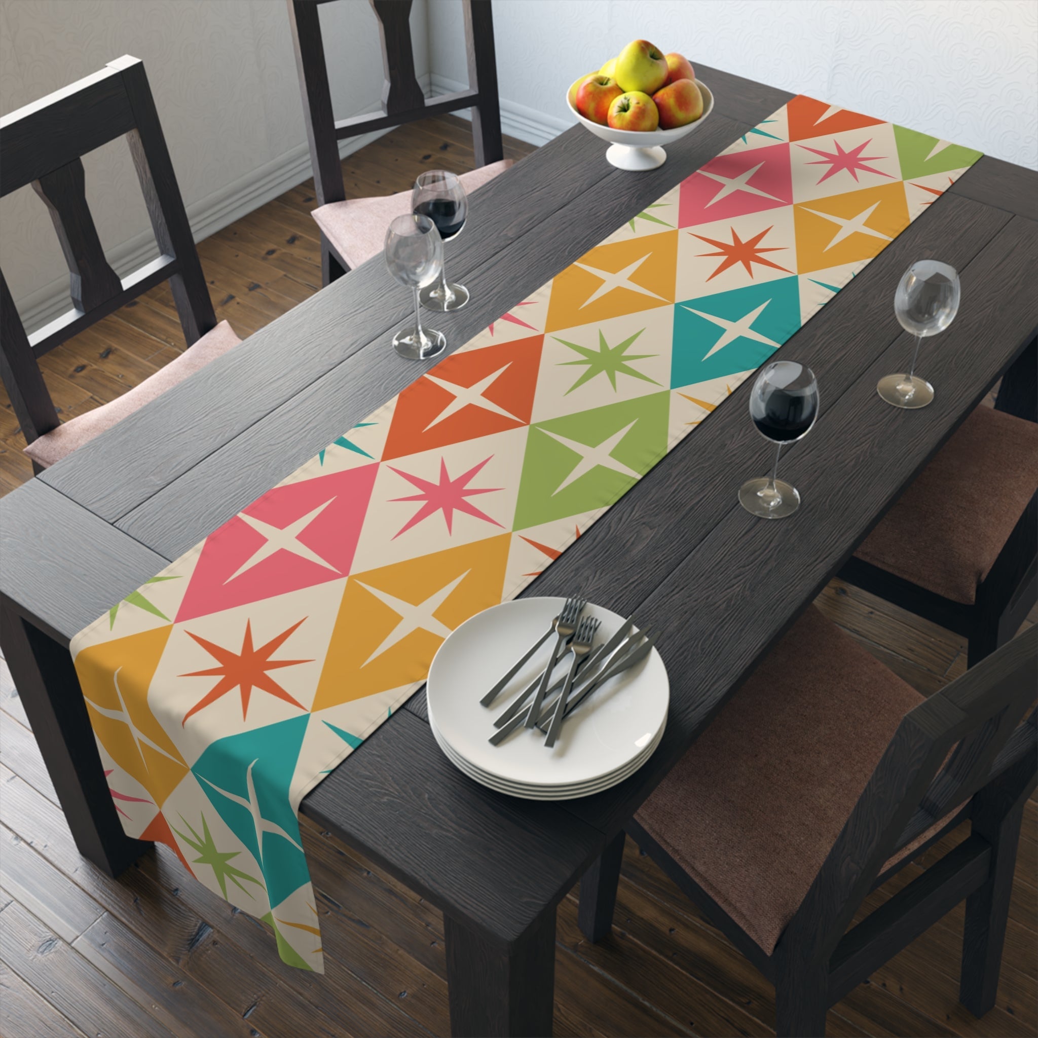 Kate McEnroe New York Retro Vintage Table Runner, 50s Mid Century Modern Diamond Starbursts, Teal, Pink, Burnt Orange, Mustard Yellow, Lime MCM Table LinensTable Runners25508265261439604479