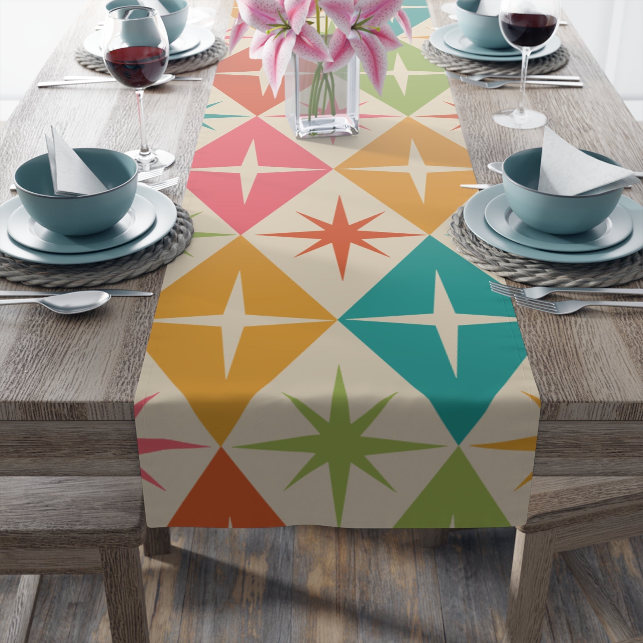 Kate McEnroe New York Retro Vintage Table Runner, 50s Mid Century Modern Diamond Starbursts, Teal, Pink, Burnt Orange, Mustard Yellow, Lime MCM Table LinensTable Runners25508265261439604479