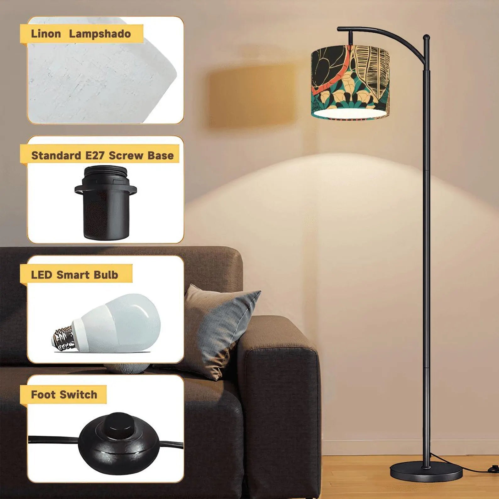 Kate McEnroe New York Scandinavian Boho Arc Floor Lamp, Danish Modern Floral Accent Lighting, Mid Century Living Room DecorArc Floor LampsnsVClV2WdE