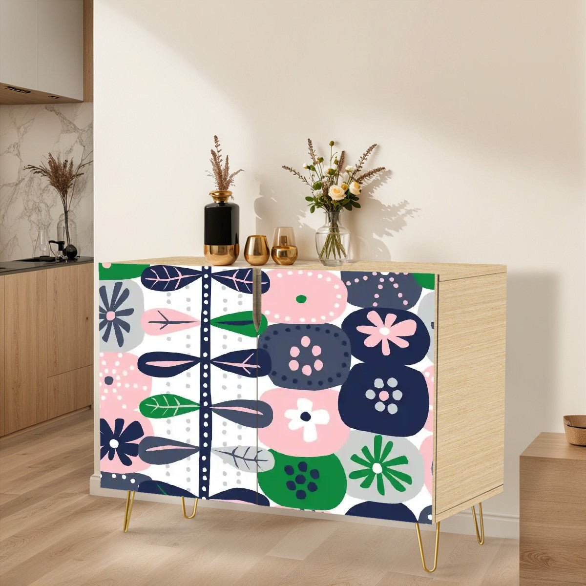 Kate McEnroe New York Scandinavian Danish Modern Credenza, Mid Century Modern Hygge Floral Sideboard, Pink Green Retro CabinetStorage CabinetsHL9oCIqmVL