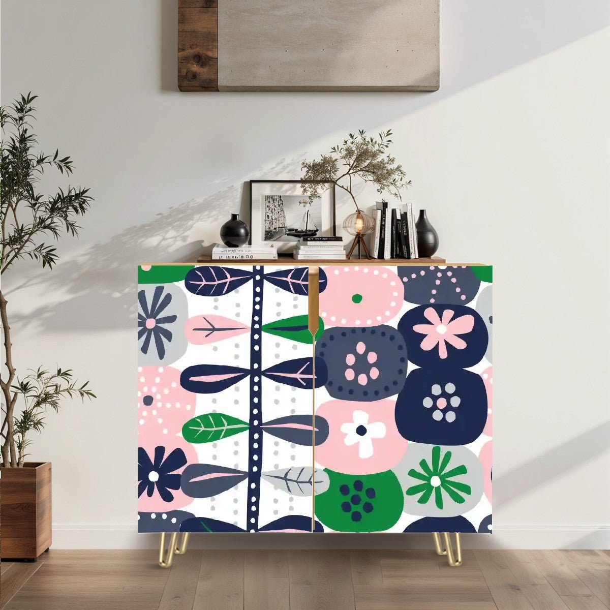 Kate McEnroe New York Scandinavian Danish Modern Credenza, Mid Century Modern Hygge Floral Sideboard, Pink Green Retro CabinetStorage CabinetsHL9oCIqmVL