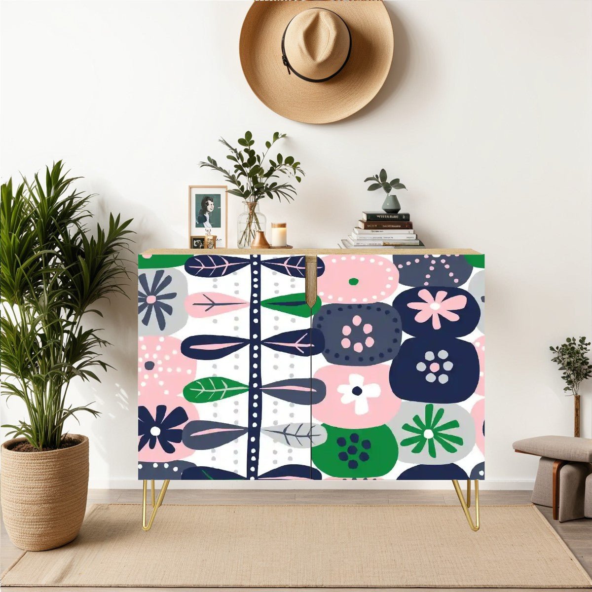 Kate McEnroe New York Scandinavian Danish Modern Credenza, Mid Century Modern Hygge Floral Sideboard, Pink Green Retro CabinetStorage CabinetsHL9oCIqmVL