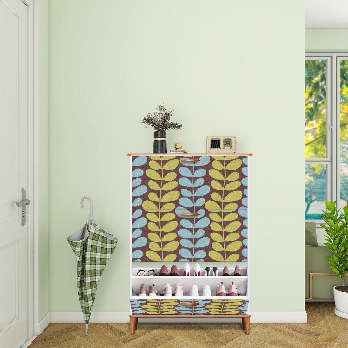 Kate McEnroe New York Scandinavian Danish Modern Floral Shoe Cabinet, Mid Century Storage Accent, Retro Mod FurnitureShoe StorageFcu4BCwdtx