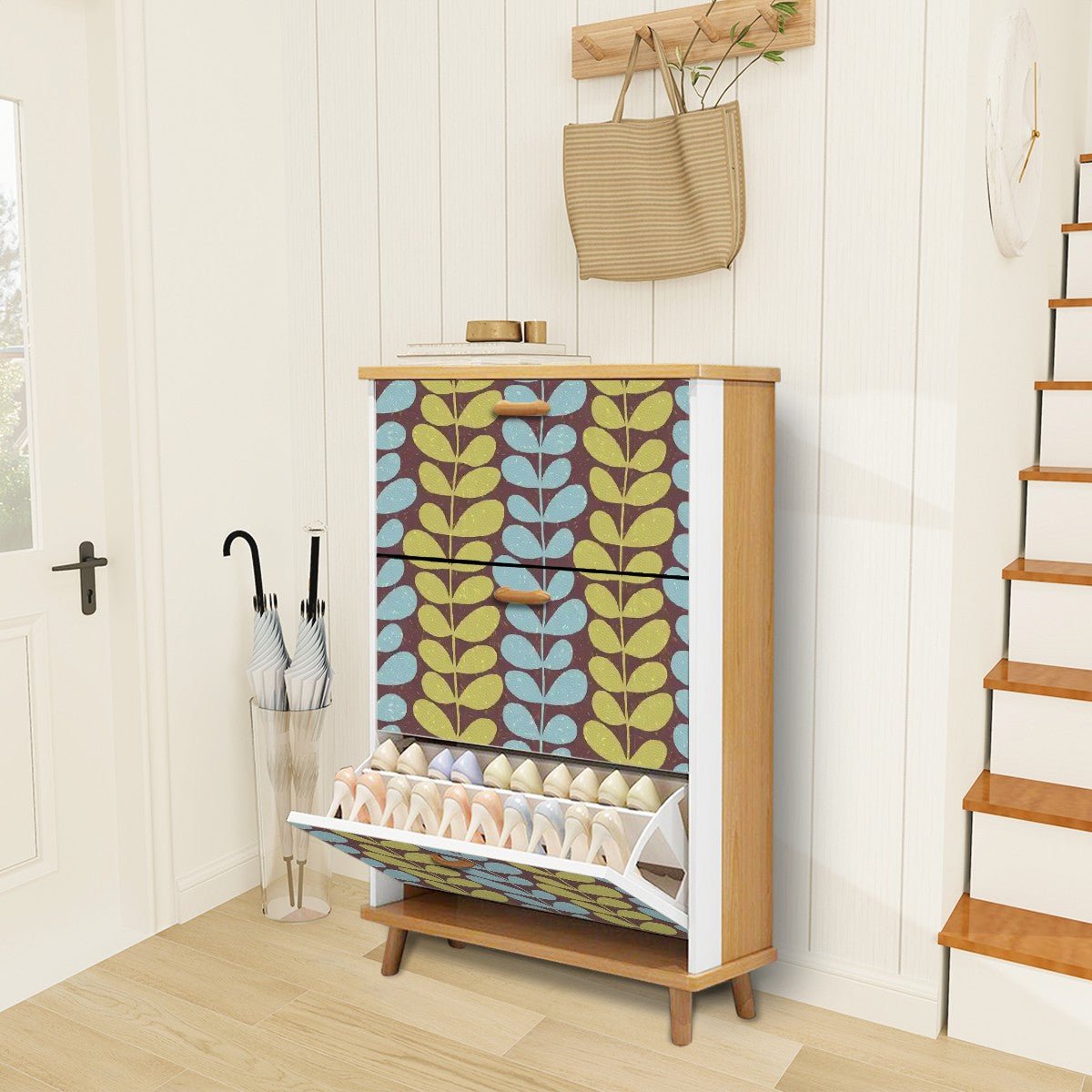 Kate McEnroe New York Scandinavian Danish Modern Floral Shoe Cabinet, Mid Century Storage Accent, Retro Mod FurnitureShoe StorageFcu4BCwdtx