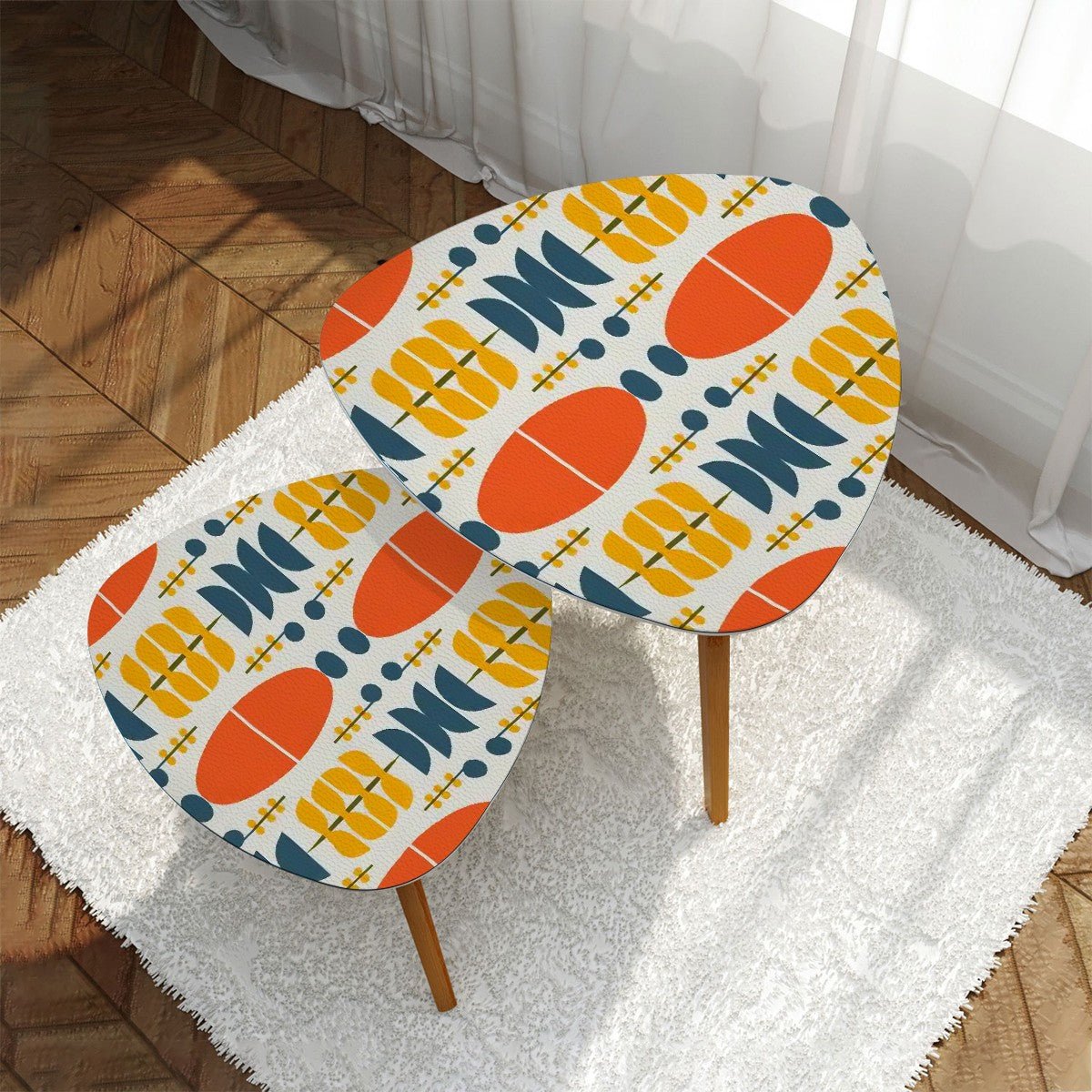 Kate McEnroe New York Scandinavian Danish Modern Nesting Tables, Retro Boho Orange Yellow Aqua AccentNesting TablesrTmO3N2MGb