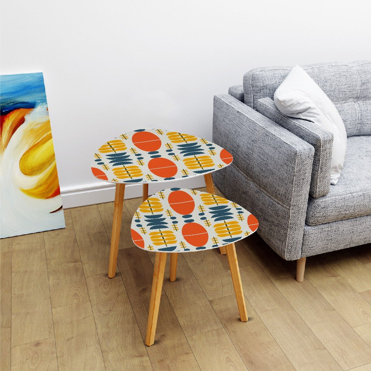 Kate McEnroe New York Scandinavian Danish Modern Nesting Tables, Retro Boho Orange Yellow Aqua AccentNesting TablesrTmO3N2MGb