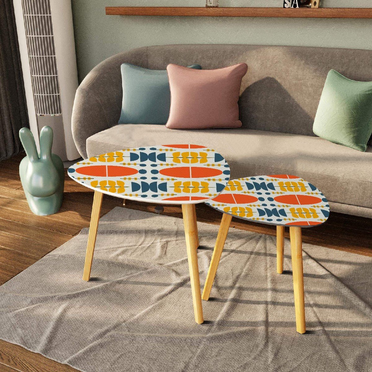 Kate McEnroe New York Scandinavian Danish Modern Nesting Tables, Retro Boho Orange Yellow Aqua AccentNesting TablesrTmO3N2MGb