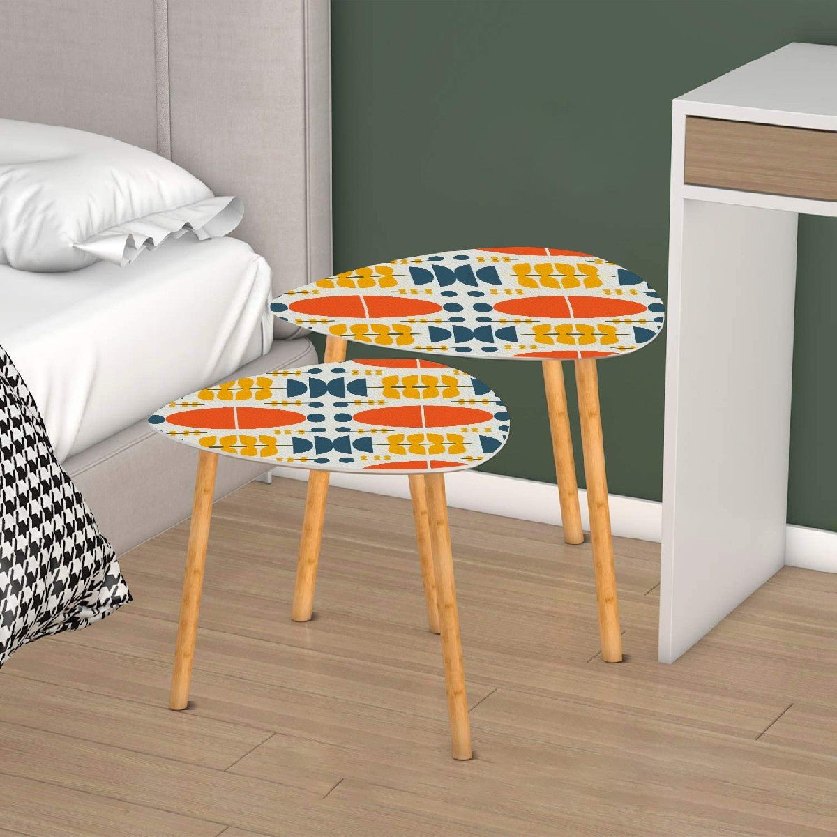 Kate McEnroe New York Scandinavian Danish Modern Nesting Tables, Retro Boho Orange Yellow Aqua AccentNesting TablesrTmO3N2MGb