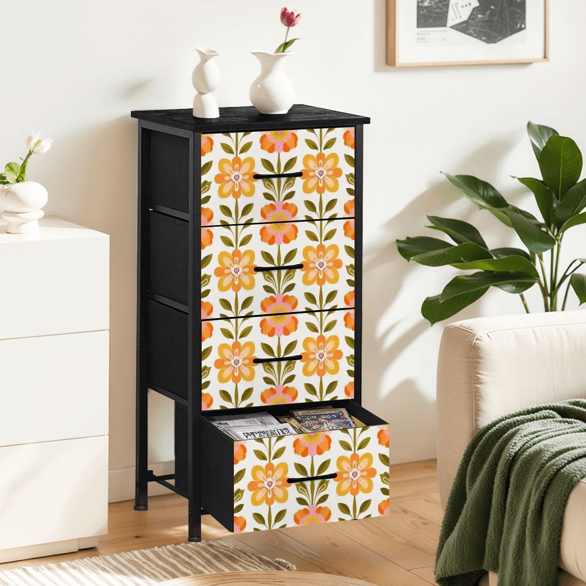 Scandinavian Floral Dresser, Danish Modern 4 Drawer Chest, Mid Mod Style