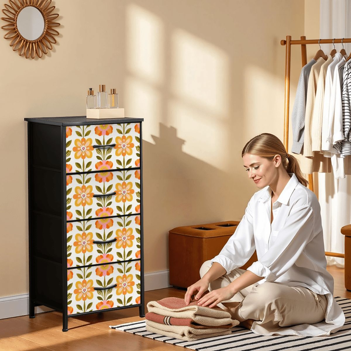 Kate McEnroe New York Scandinavian Floral Dresser, Danish Modern 4 Drawer Chest, Mid Mod StyleDressers6D0H5KTJHm