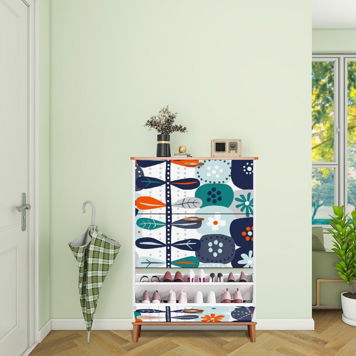 Kate McEnroe New York Scandinavian Floral Shoe Cabinet, Mid Century Modern Storage, Danish Modern Retro OrganizerShoe StorageaQFZLZen7N