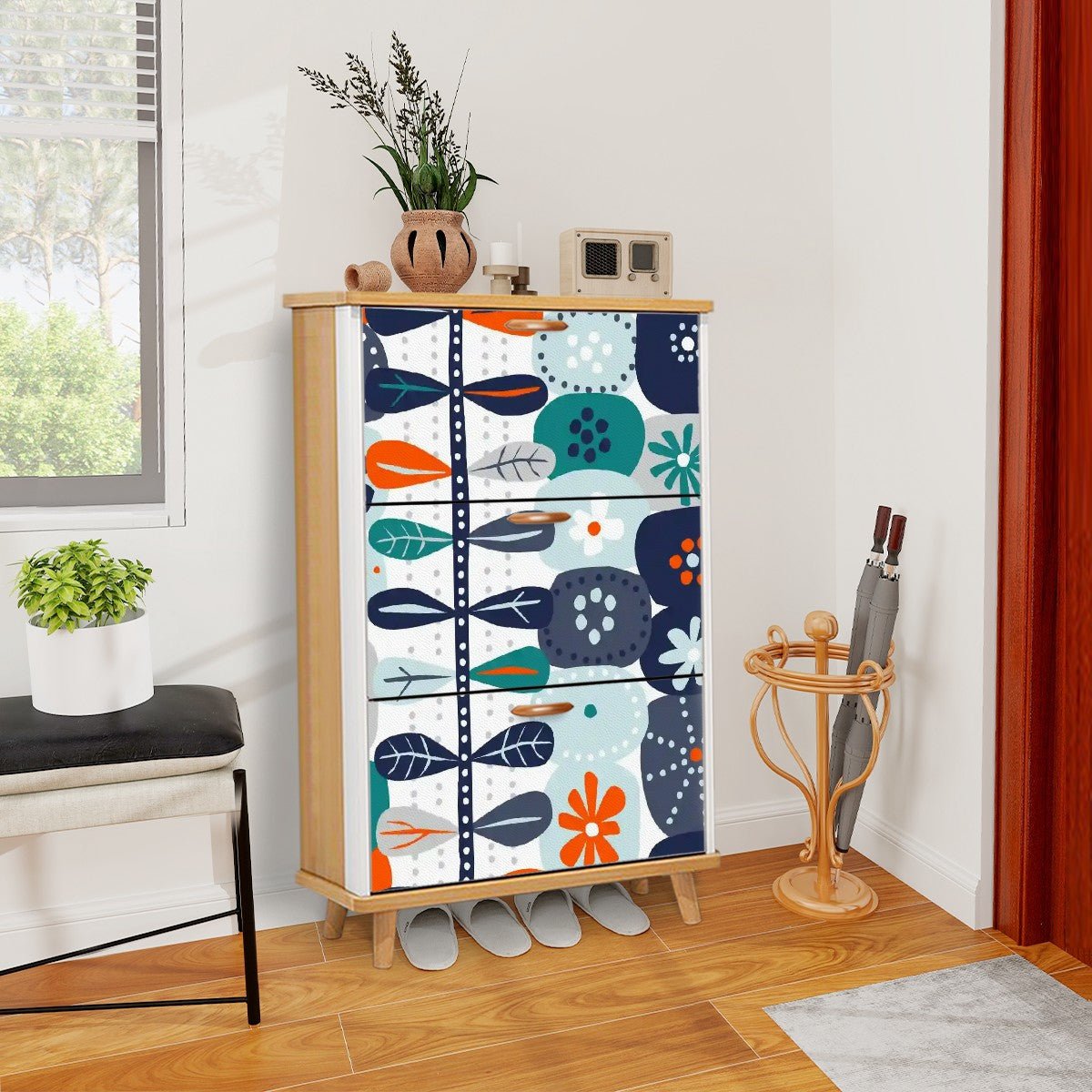 Kate McEnroe New York Scandinavian Floral Shoe Cabinet, Mid Century Modern Storage, Danish Modern Retro OrganizerShoe StorageaQFZLZen7N