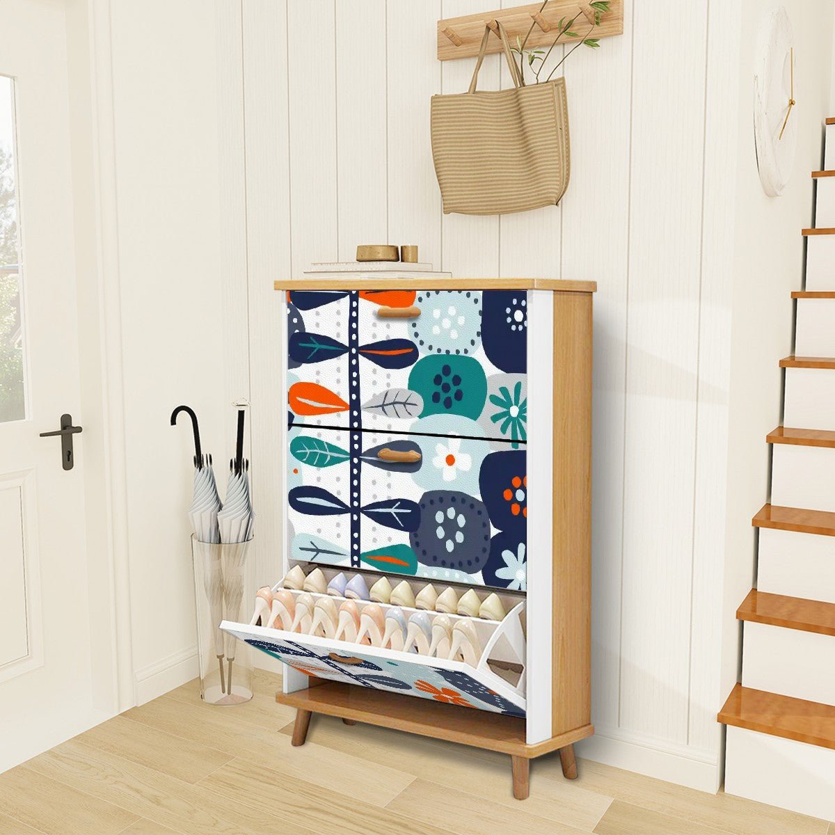 Kate McEnroe New York Scandinavian Floral Shoe Cabinet, Mid Century Modern Storage, Danish Modern Retro OrganizerShoe StorageaQFZLZen7N