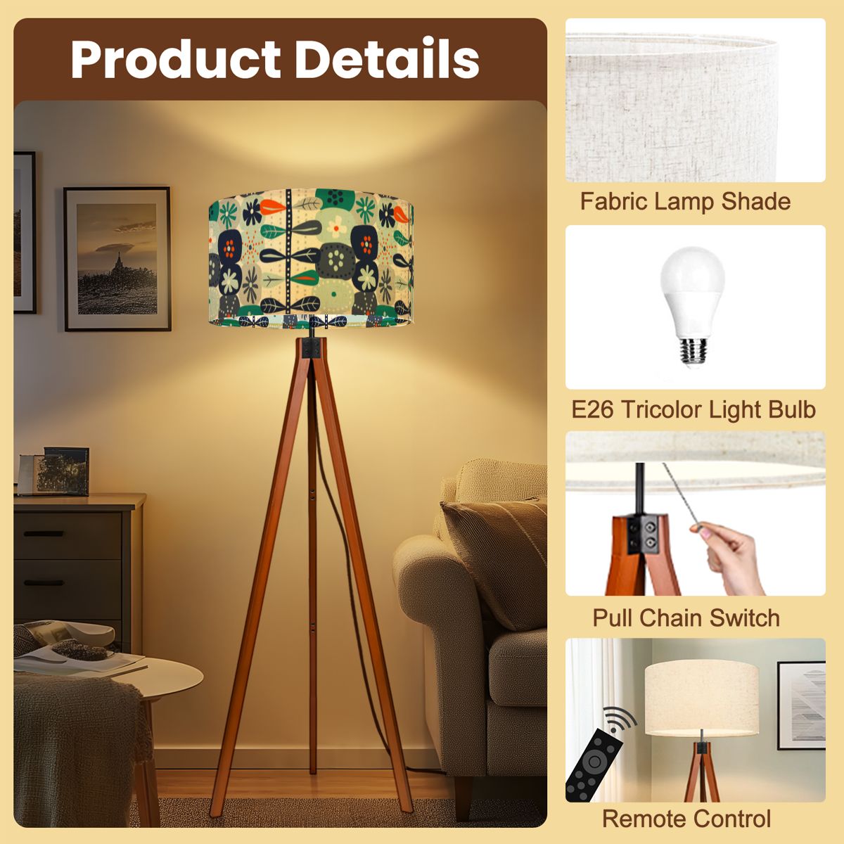 Kate McEnroe New York Scandinavian Hygge Mid Century Modern Tripod Floor Lamp, Danish Modern Retro Floral LightFloor LampsL6lZJqqJeO