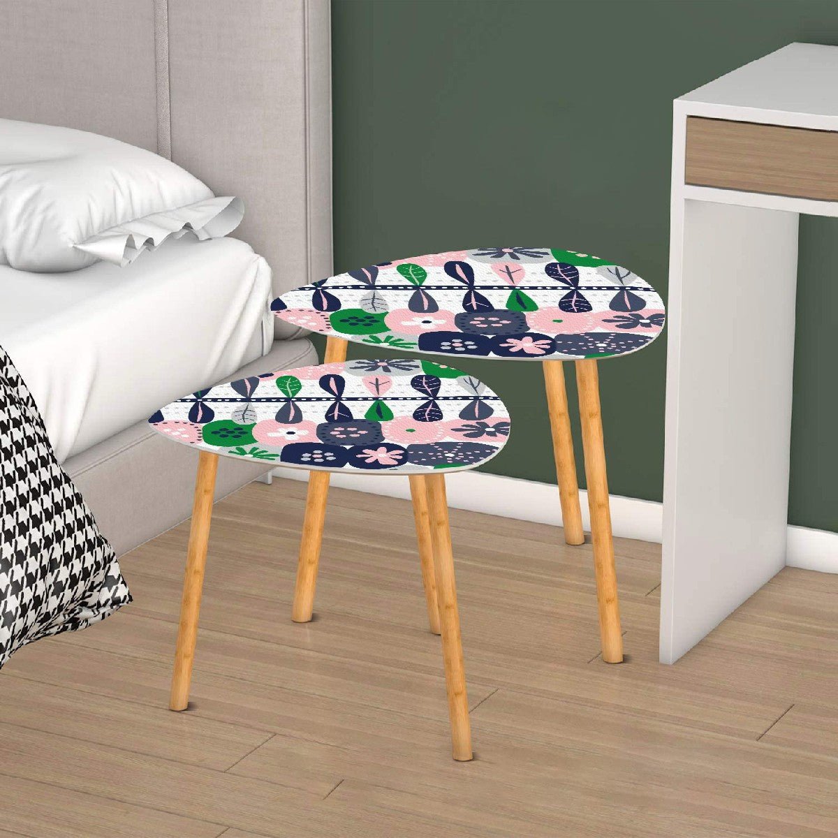 Kate McEnroe New York Scandinavian Hygge Nesting Tables, Mid Century Danish Modern Floral Coffee Table Set, Retro Pink Green DecorHome AccessoriesGLqXckzlaJ