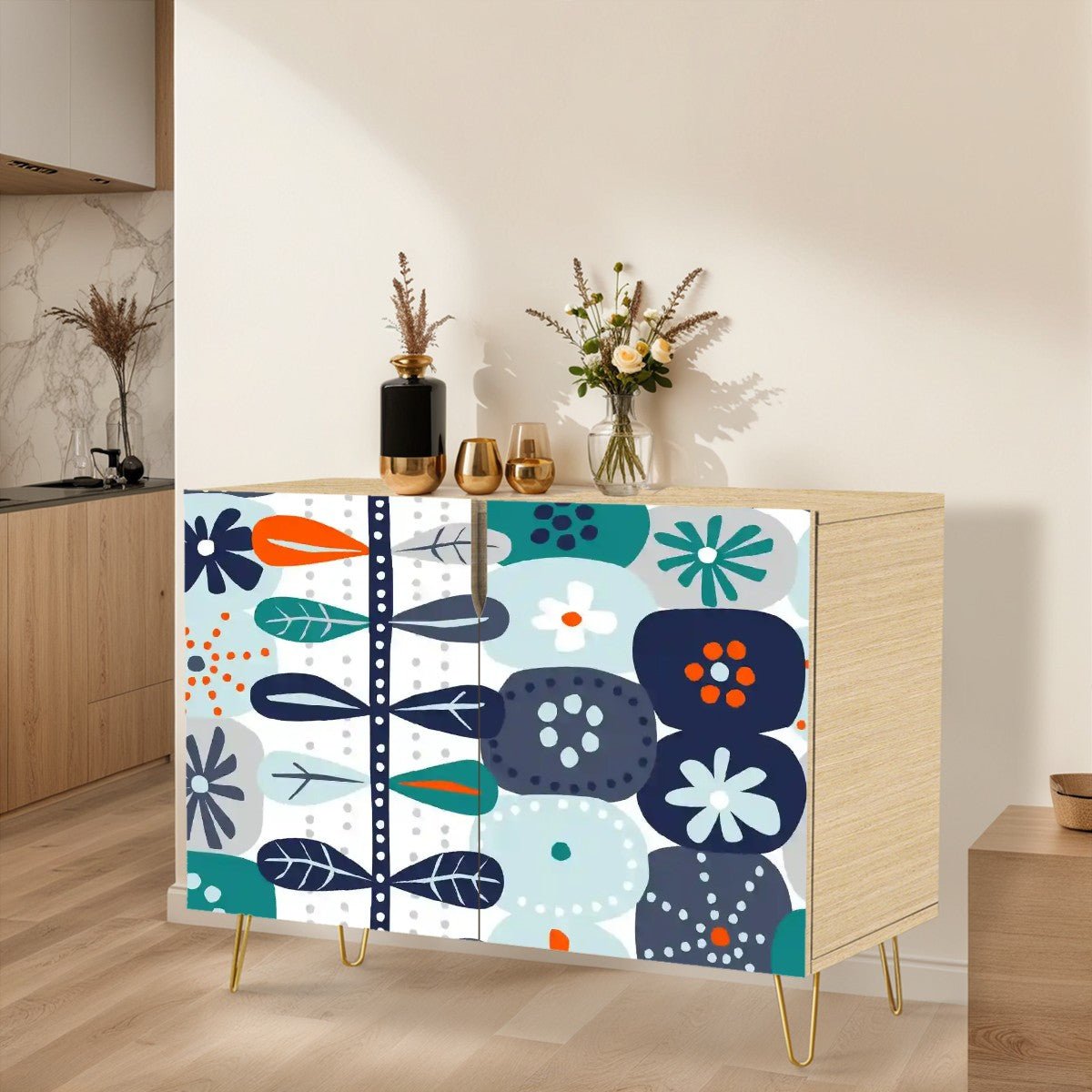 Kate McEnroe New York Scandinavian Mid Century Modern Credenza, Hygge Floral Danish Modern Storage CabinetStorage CabinetsKqQAV2fG2L
