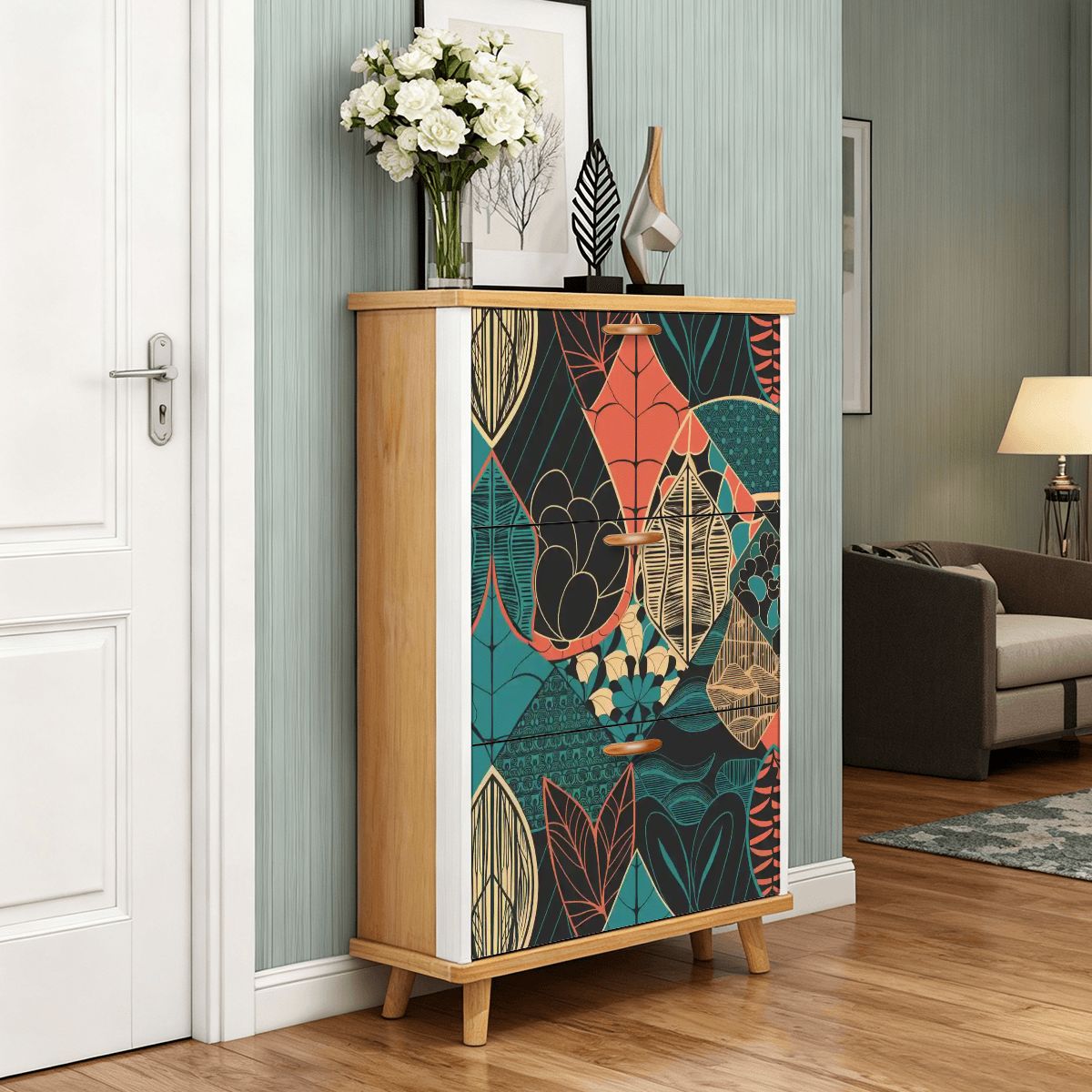 Kate McEnroe New York Scandinavian Mid Century Modern Flip Drawer Shoe Cabinet, Retro Floral Storage, MCM Entryway OrganizerShoe StorageYmkmjjvVTN