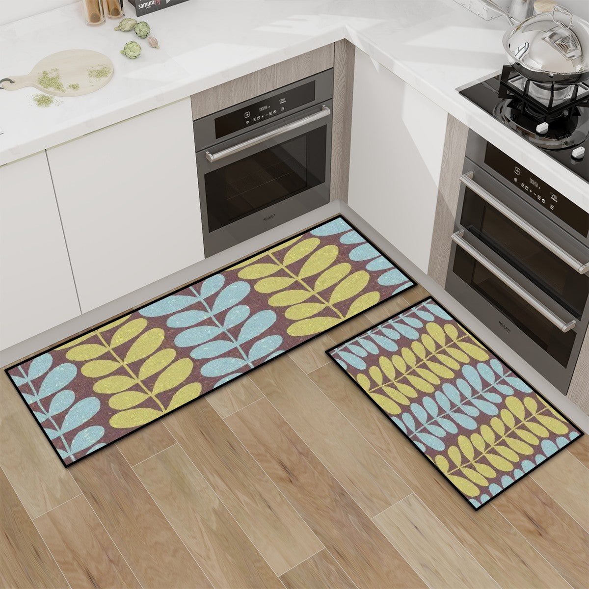 Kate McEnroe New York Scandinavian Mid Century Modern Leaf Print Kitchen Mat SetKitchen Floor MatsqKJQjILzzo