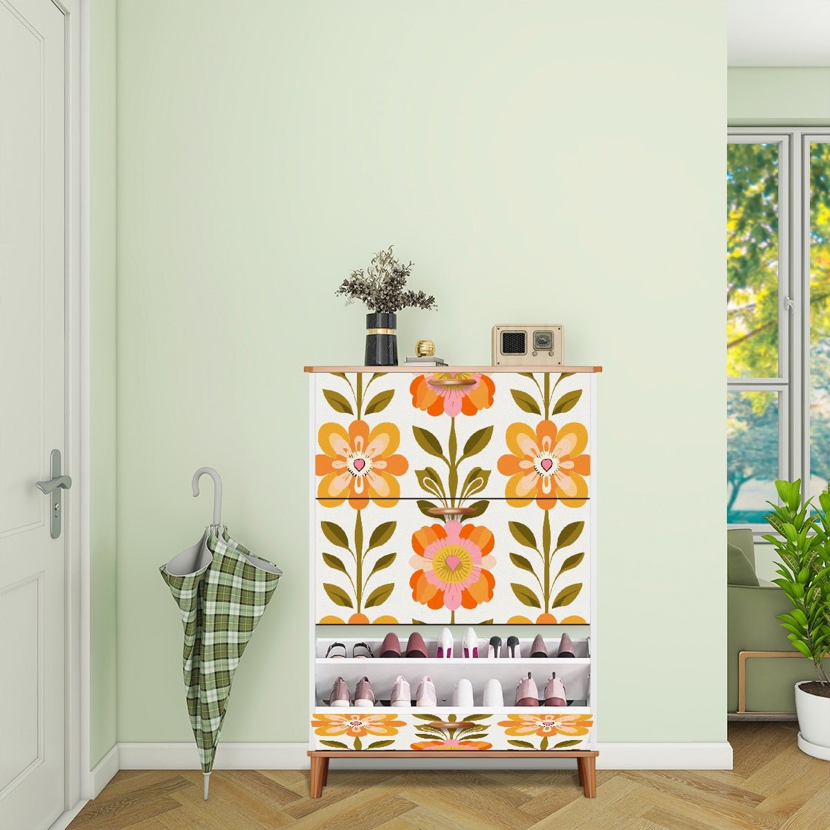 Kate McEnroe New York Scandinavian Mid Century Modern Shoe Cabinet, Danish Floral Mudroom Organizer, Retro MCM Entryway StorageShoe StorageQ48S6XcMzd