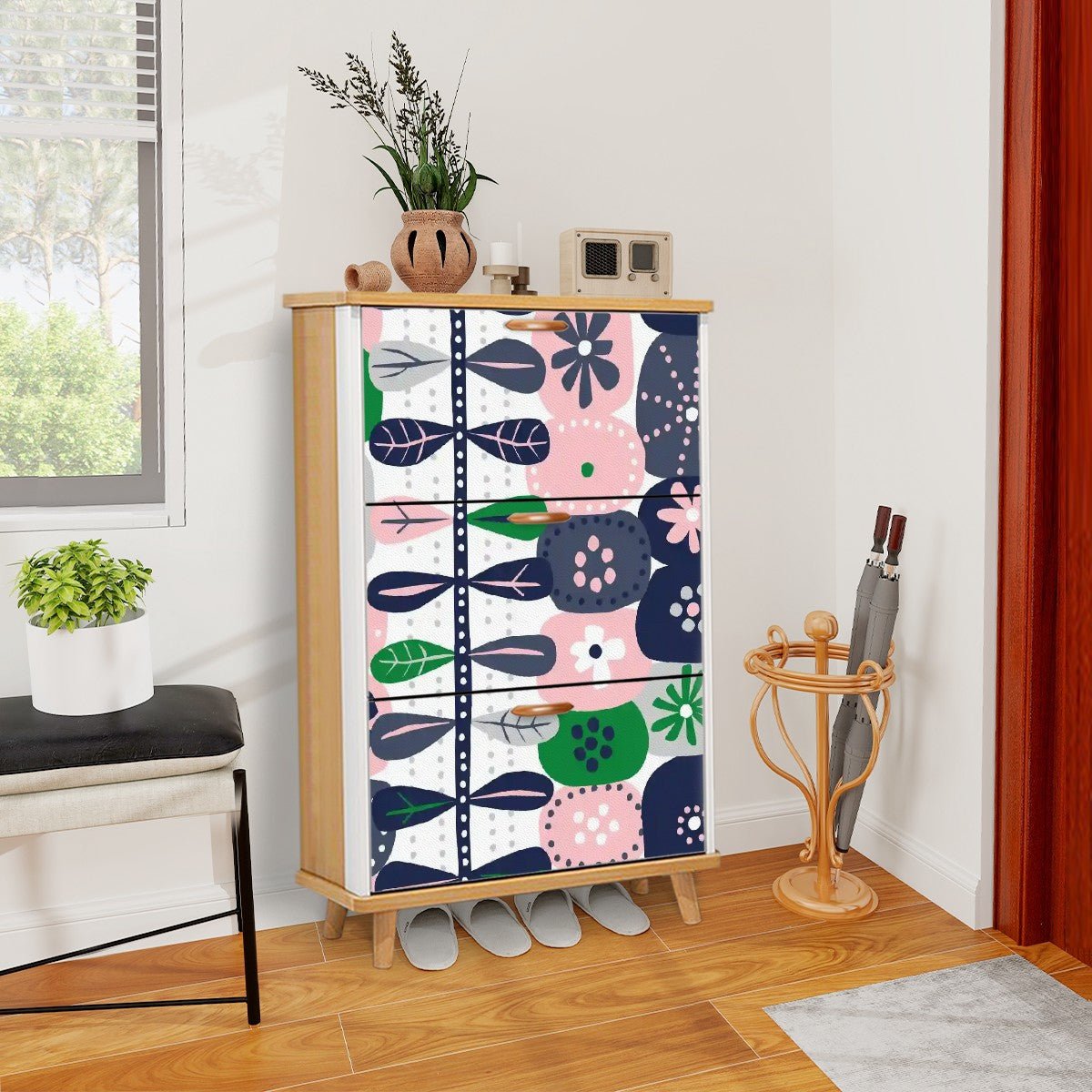 Kate McEnroe New York Scandinavian Mid Century Modern Shoe Cabinet, Danish Hygge Floral Storage Organizer, Pink Green Retro Entryway DecorShoe StorageLKpf1wPkzX