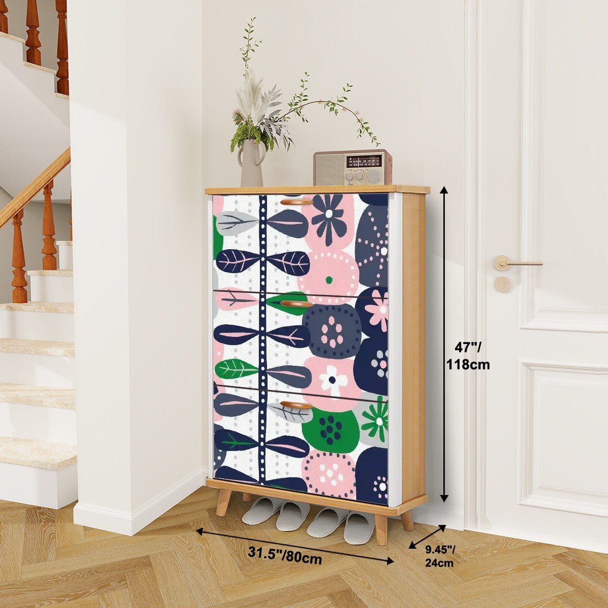 Kate McEnroe New York Scandinavian Mid Century Modern Shoe Cabinet, Danish Hygge Floral Storage Organizer, Pink Green Retro Entryway DecorShoe StorageLKpf1wPkzX