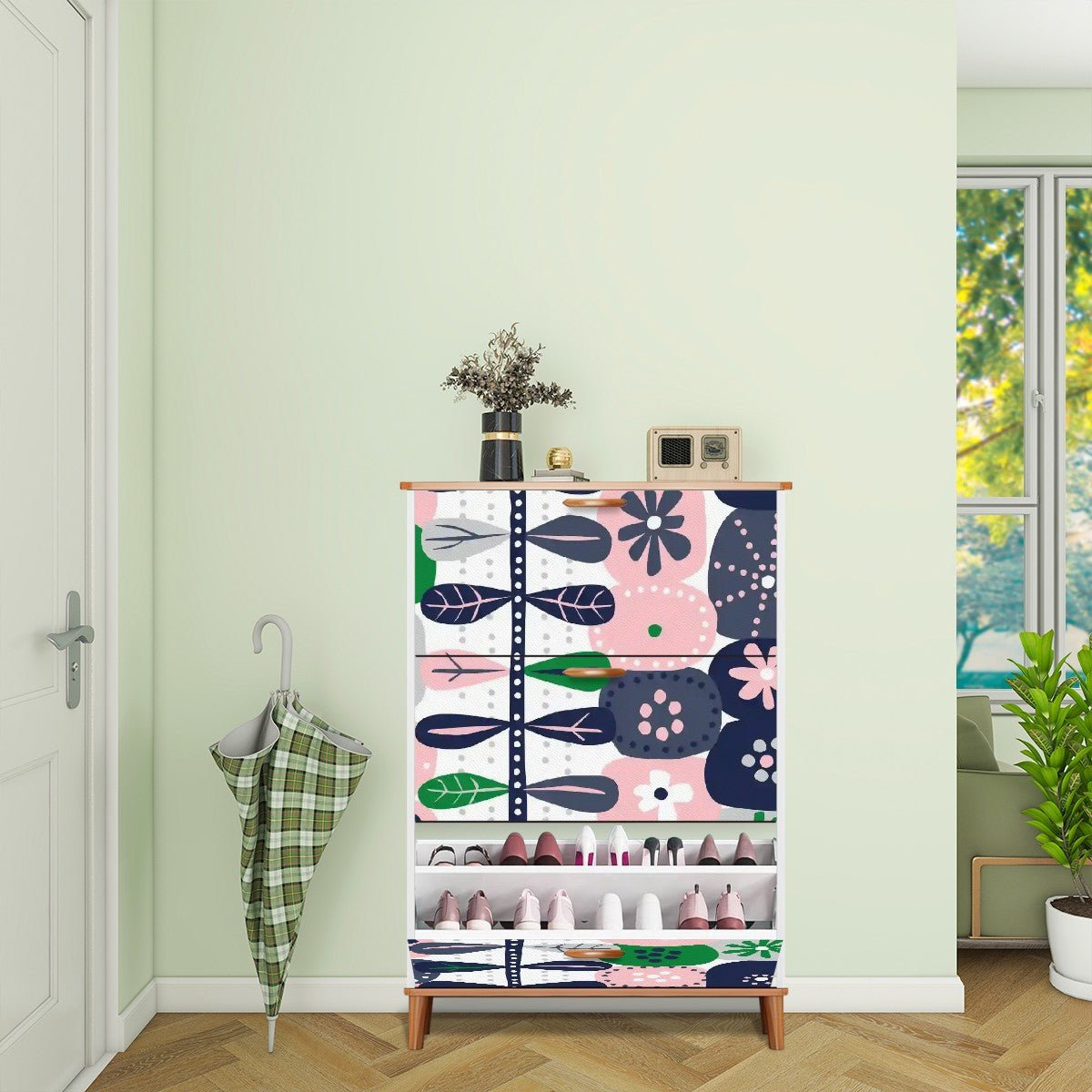 Kate McEnroe New York Scandinavian Mid Century Modern Shoe Cabinet, Danish Hygge Floral Storage Organizer, Pink Green Retro Entryway DecorShoe StorageLKpf1wPkzX