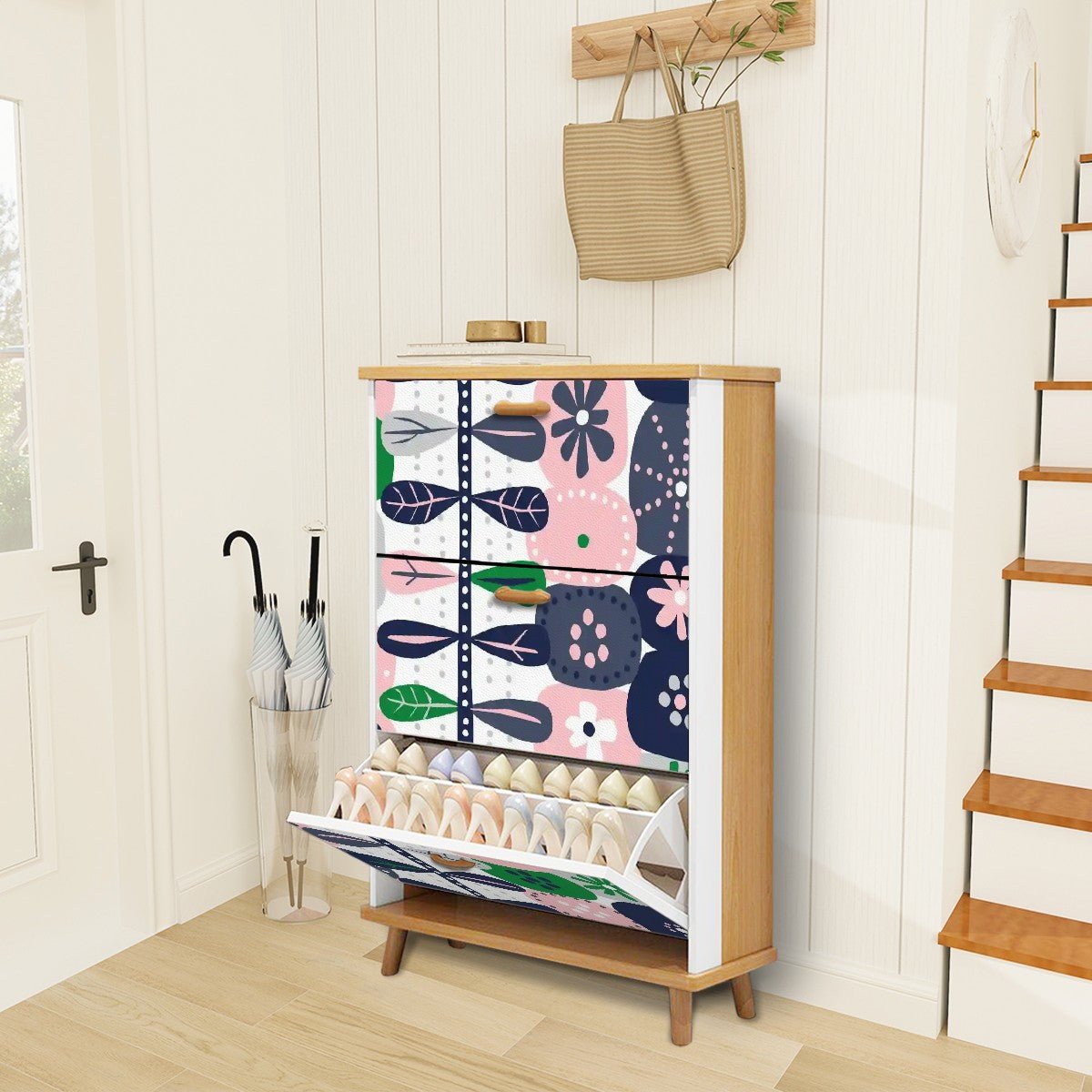 Kate McEnroe New York Scandinavian Mid Century Modern Shoe Cabinet, Danish Hygge Floral Storage Organizer, Pink Green Retro Entryway DecorShoe StorageLKpf1wPkzX