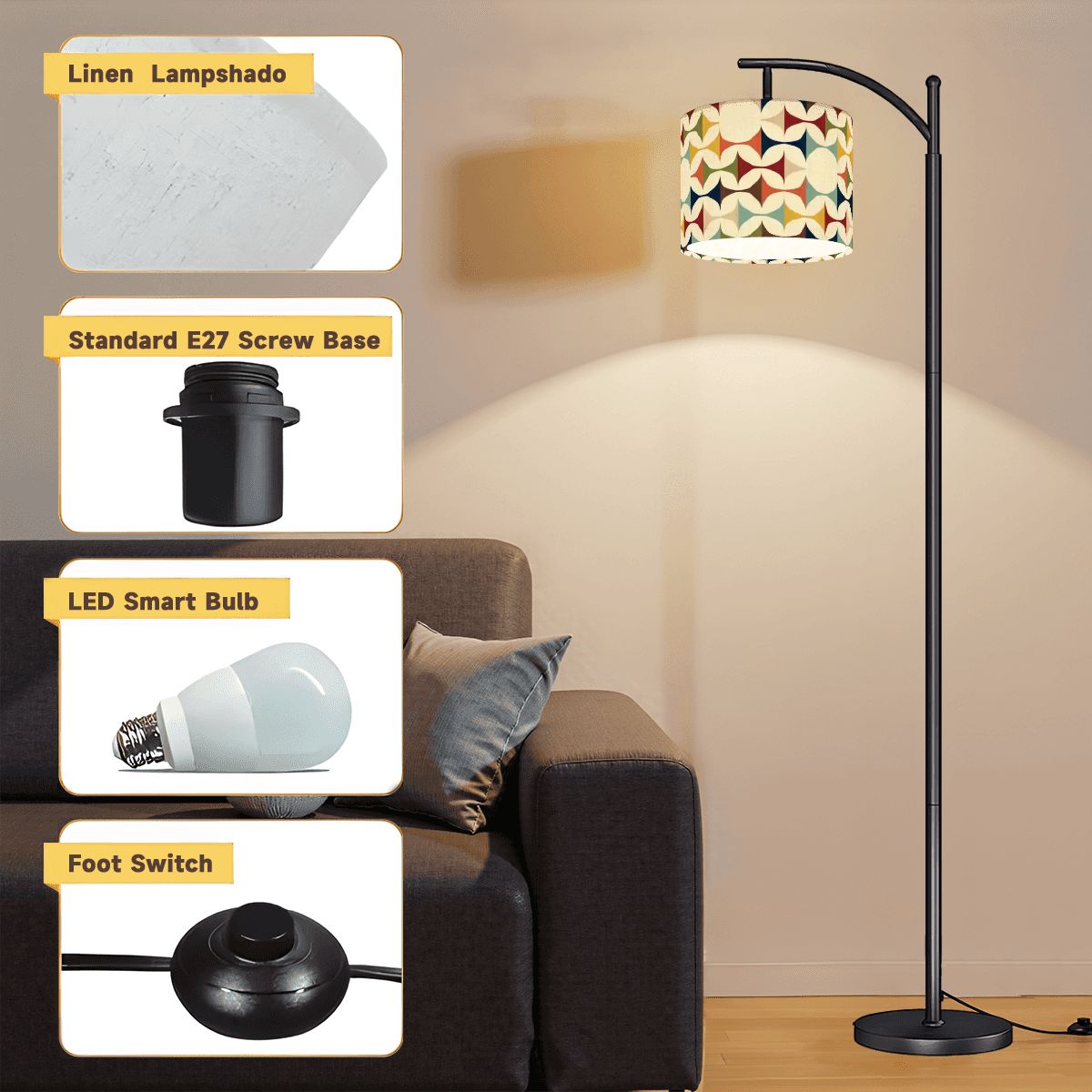 Kate McEnroe New York Scandinavian Modern Arc Floor Lamp, Retro 60s Geometric Pattern, Mid Century Modern Accent Lighting, Nordic Style Home DecorArc Floor LampsL1DuXuSQBl