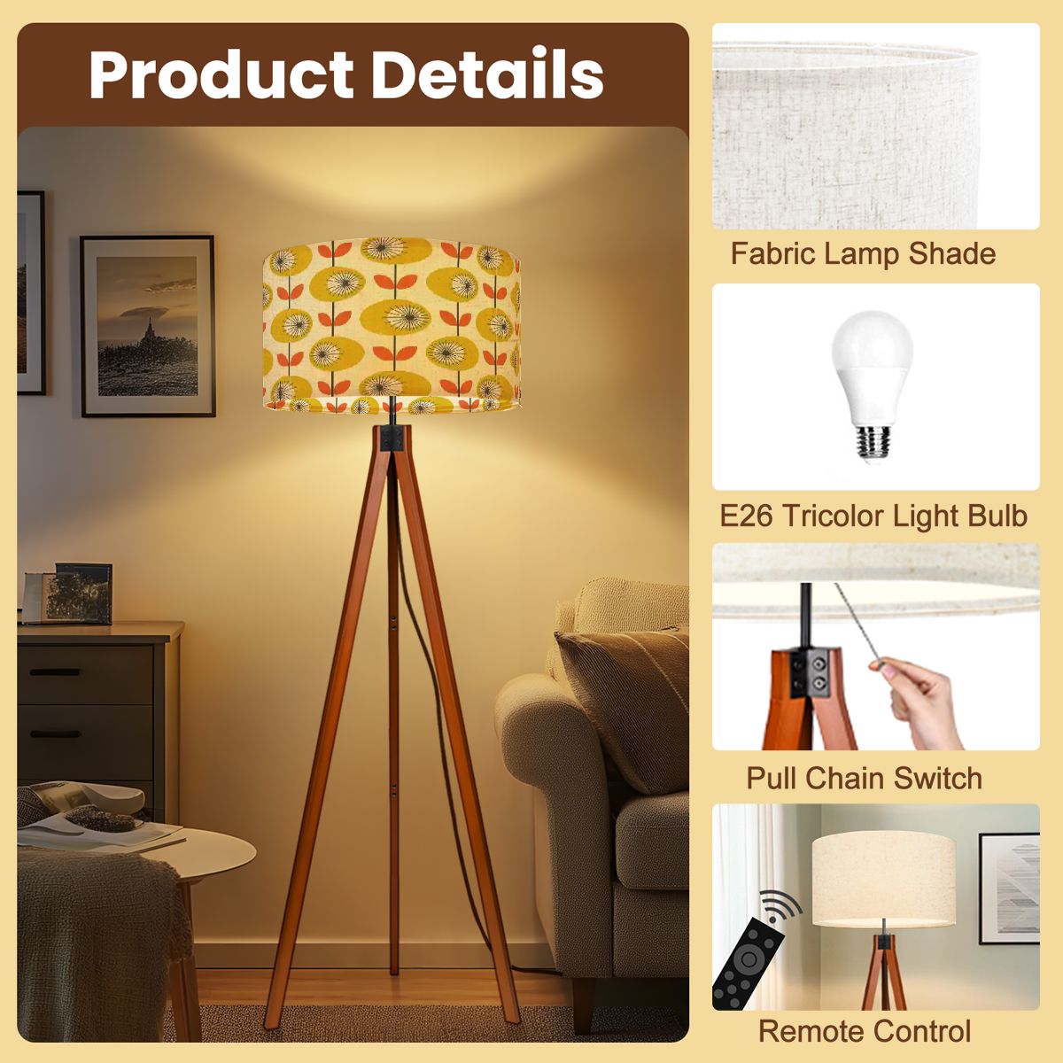 Kate McEnroe New York Scandinavian Retro Floral Tripod Floor Lamp, Mid Century Modern Wooden Base LightFloor LampsvTrU9aYWEi