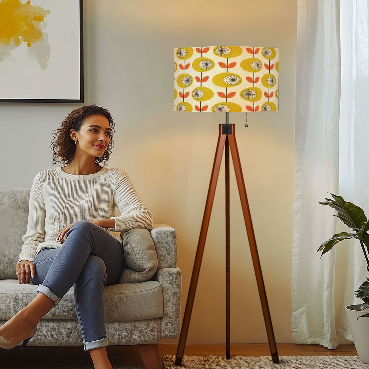 Kate McEnroe New York Scandinavian Retro Floral Tripod Floor Lamp, Mid Century Modern Wooden Base LightFloor LampsvTrU9aYWEi