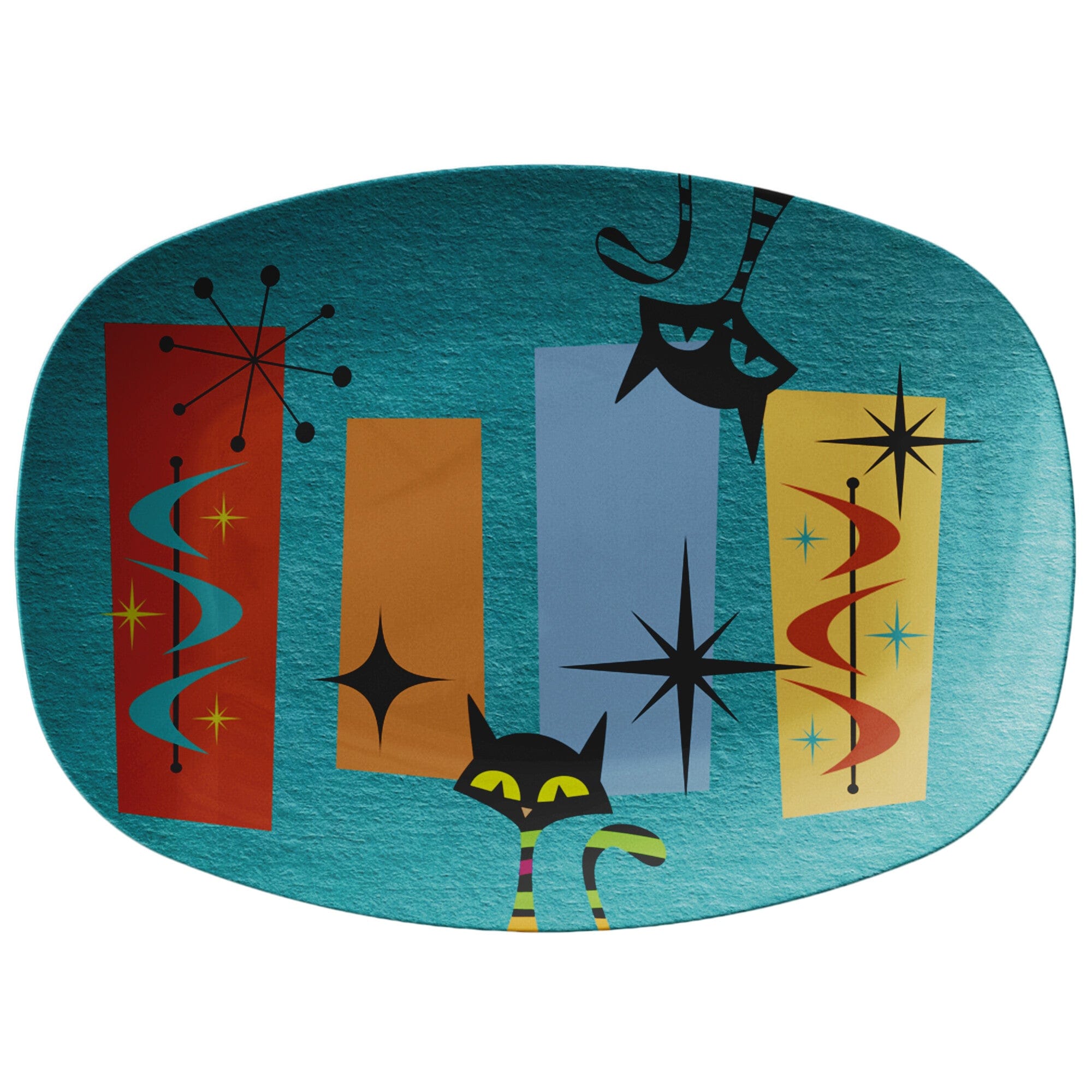 Kate McEnroe New York Serving Platter in Mid Century Modern Teal Geometric Atomic CatServing PlattersP21 - SER - TEA - 3