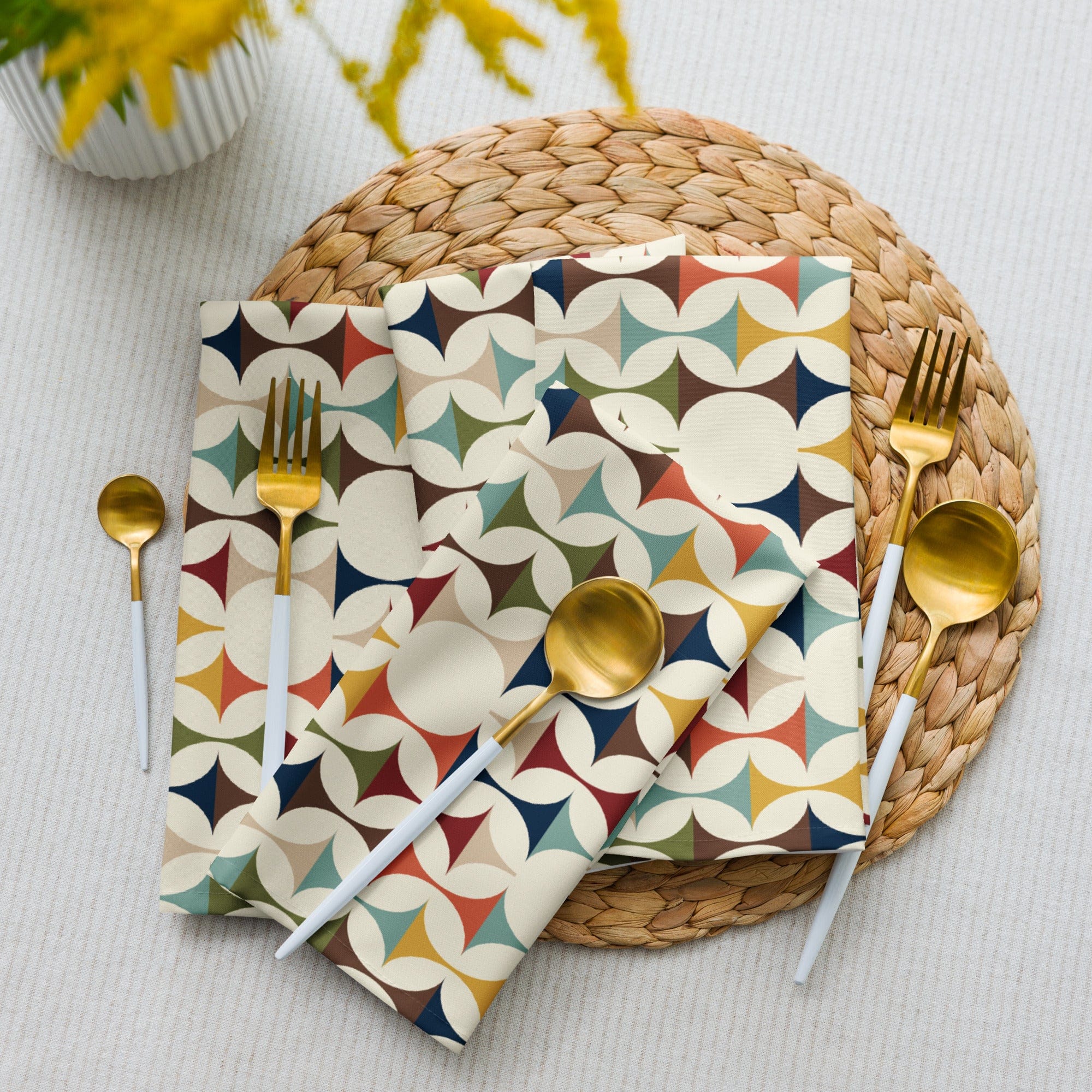 Kate McEnroe New York Set of 4 Mid Century Modern Retro Geometric Napkins, 50s MCM Cream, Teal, Mustard, and Rust Table LinensNapkins80001128031921786195