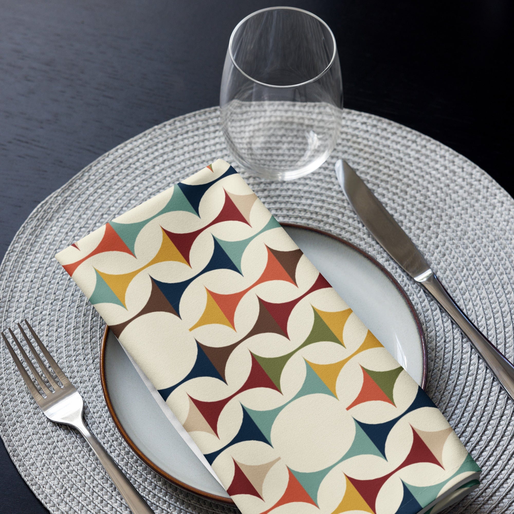 Kate McEnroe New York Set of 4 Mid Century Modern Retro Geometric Napkins, 50s MCM Cream, Teal, Mustard, and Rust Table LinensNapkins80001128031921786195