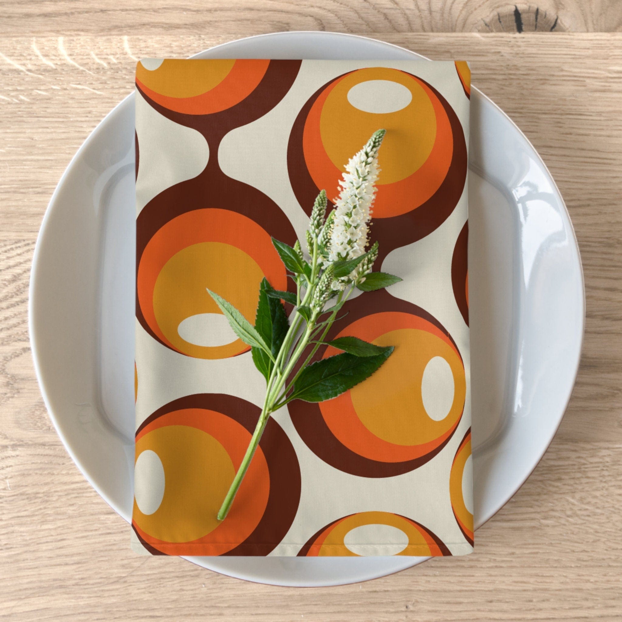Kate McEnroe New York Set of 4 Retro Orbs Napkins, Groovy Atomic Age Style, Orange, Brown, Yellow Mid Century Modern LinensNapkins31699664436463770159