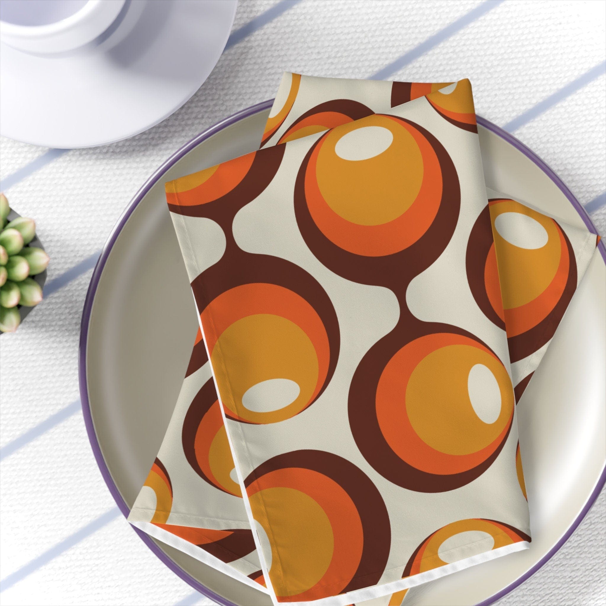 Kate McEnroe New York Set of 4 Retro Orbs Napkins, Groovy Atomic Age Style, Orange, Brown, Yellow Mid Century Modern LinensNapkins31699664436463770159