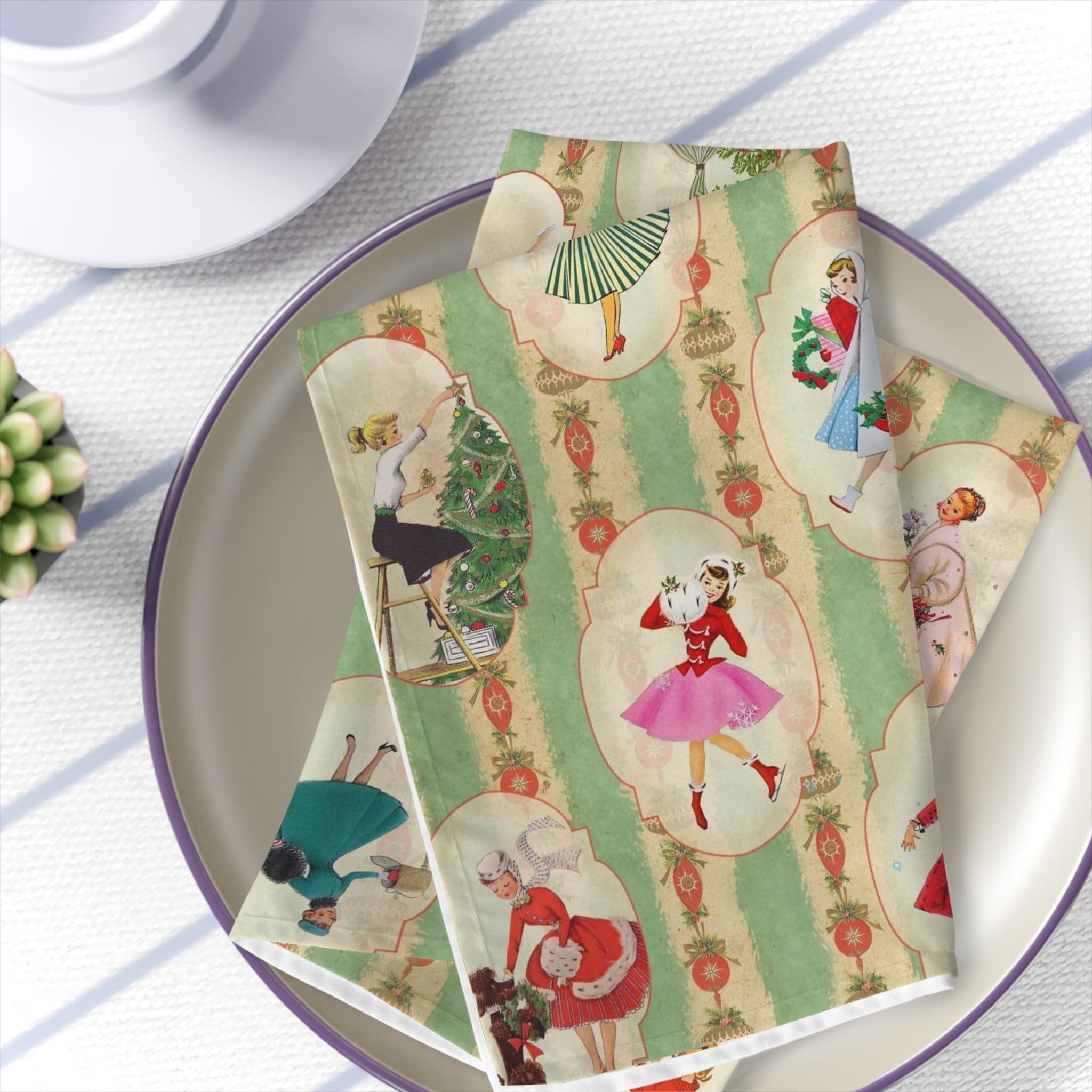 Kate McEnroe New York Set of 4 Vintage 1950s Christmas Napkins, Mid Century Modern Retro Green, Red, Women, Ladies, Housewives Holiday Table Linens - 122681223Napkins29690093392553166920