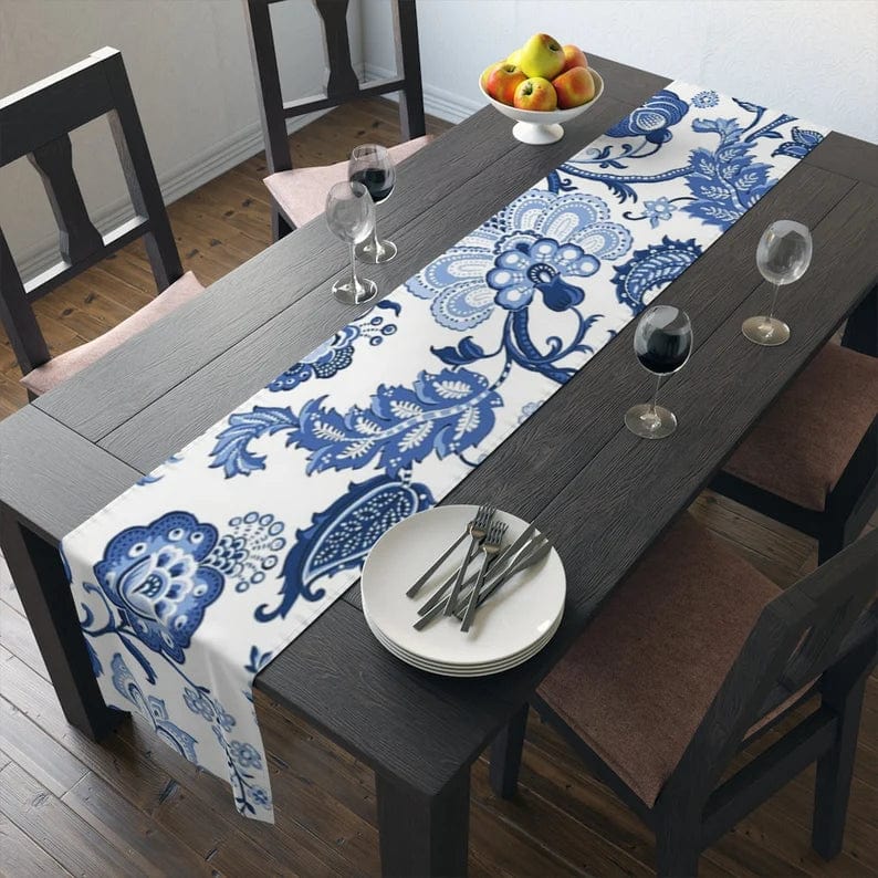 Blue and White Chinoiserie Chic Dragon high quality Motif Table Runner