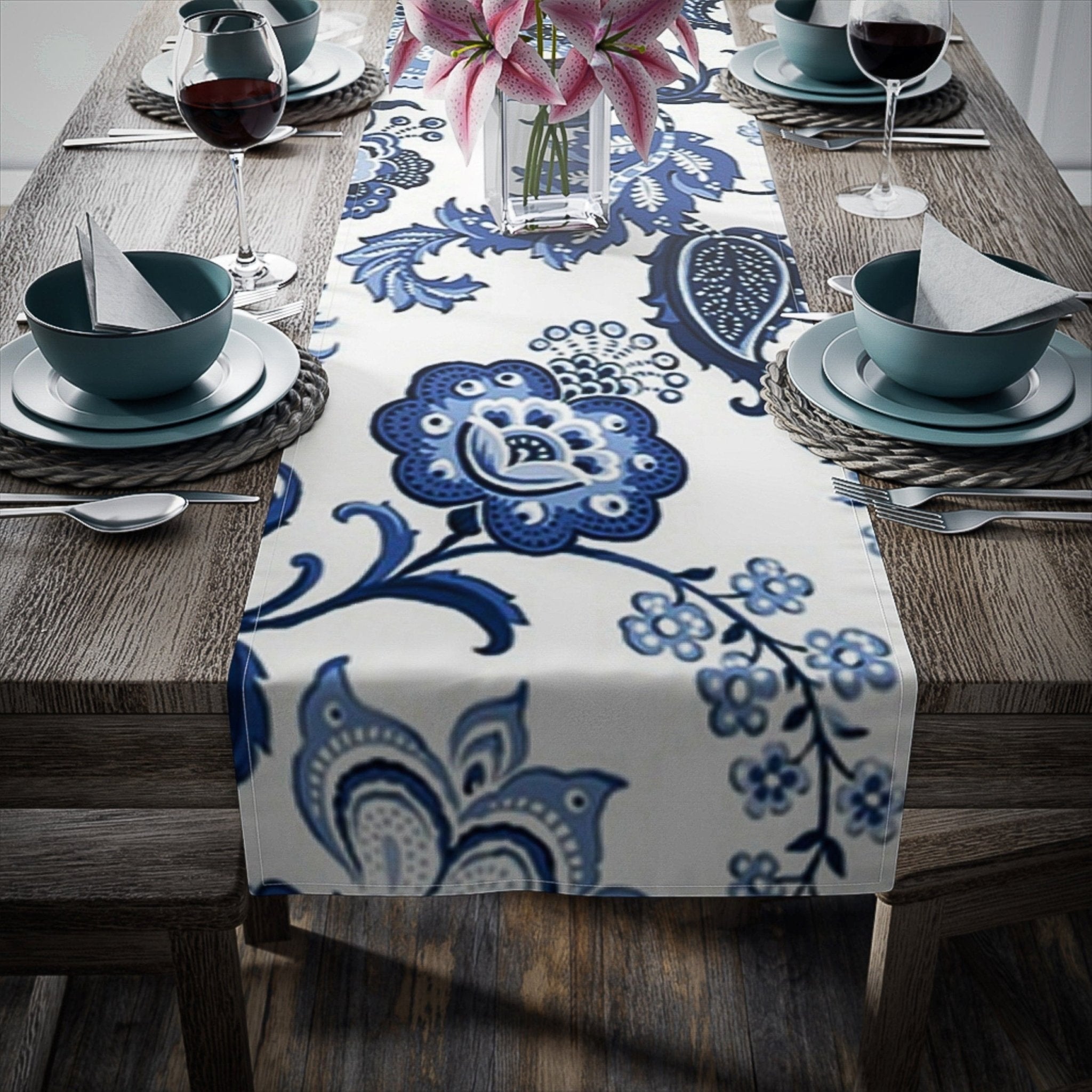 Kate McEnroe New York Table Runner in Luxury Blue and White Floral ChinoiserieTable Runners15789312684118735913