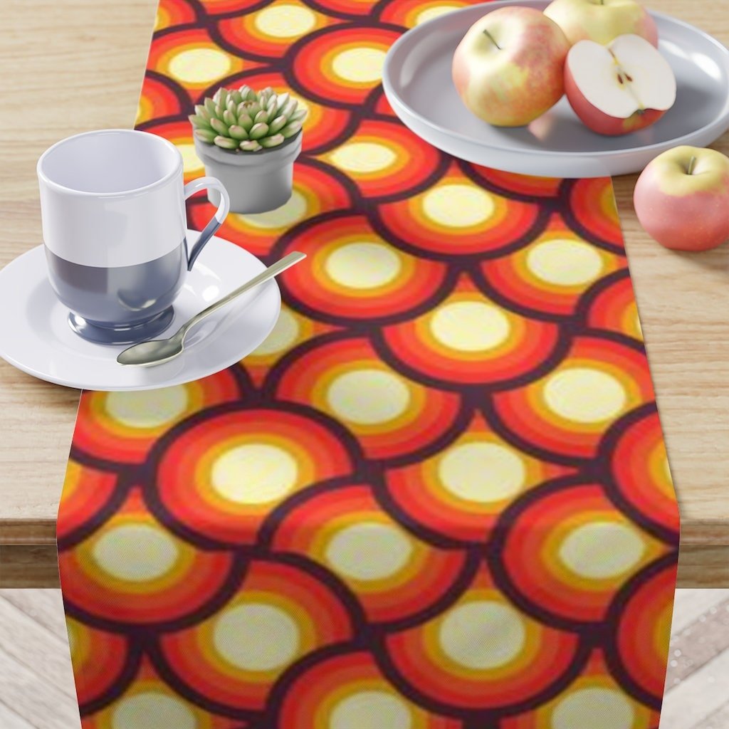 Kate McEnroe New York Table Runner in Mid Century Modern Geometric Print, Custom Designed 1970s Retro Table Linens, Orange Yellow MCM Table Decor, Retro TablewareTable Runners31139466463458332105