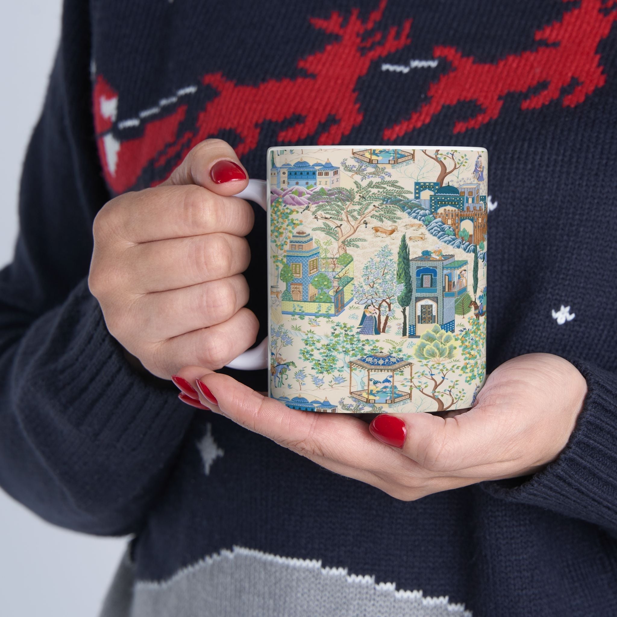 Kate McEnroe New York Toile De Jouy Mug, Blue and Green Floral Coffee Mug, Traditional Asian Country Scene with Horses, Rustic Chic Botanical DrinkwareMugs28184967832090854839