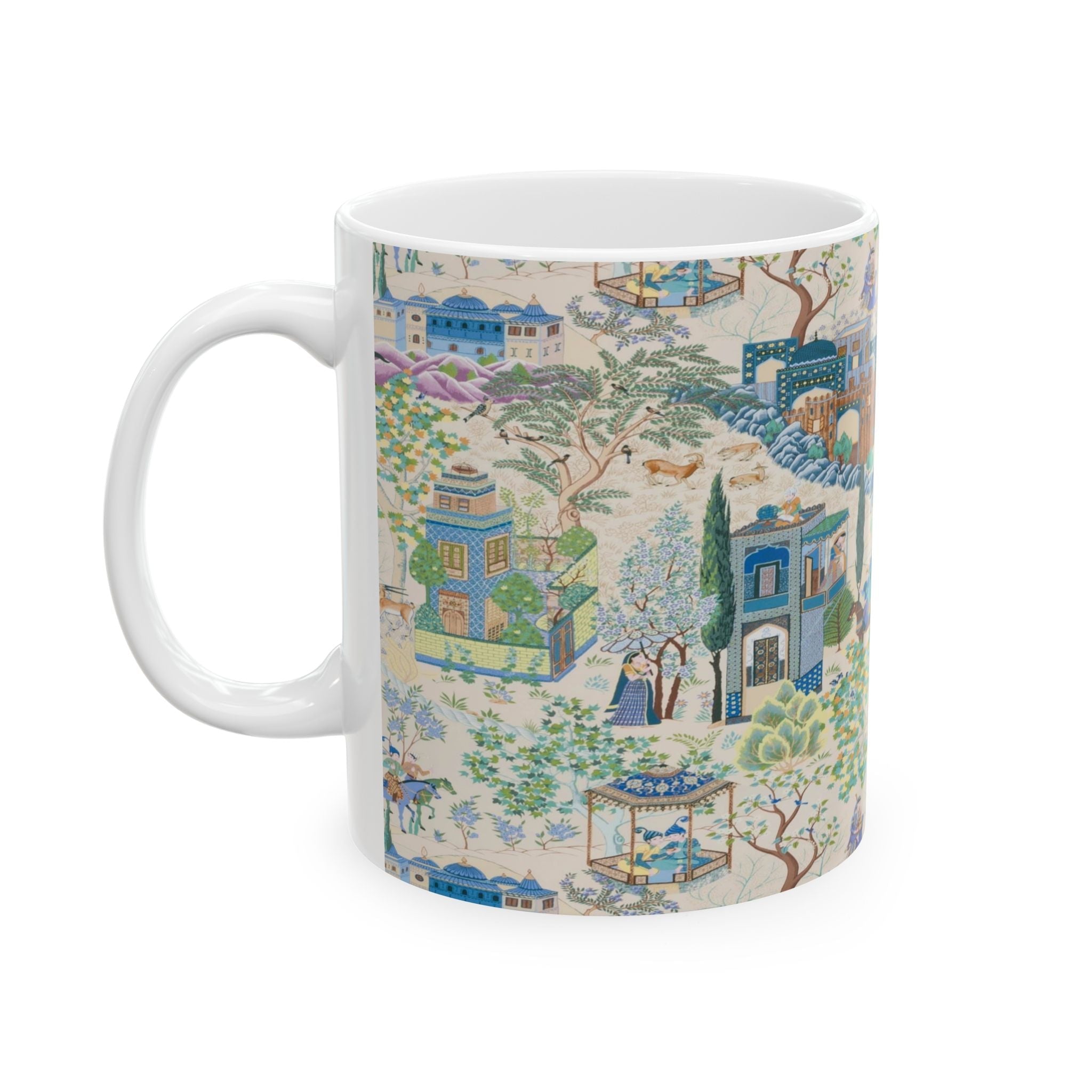 Kate McEnroe New York Toile De Jouy Mug, Blue and Green Floral Coffee Mug, Traditional Asian Country Scene with Horses, Rustic Chic Botanical DrinkwareMugs28184967832090854839