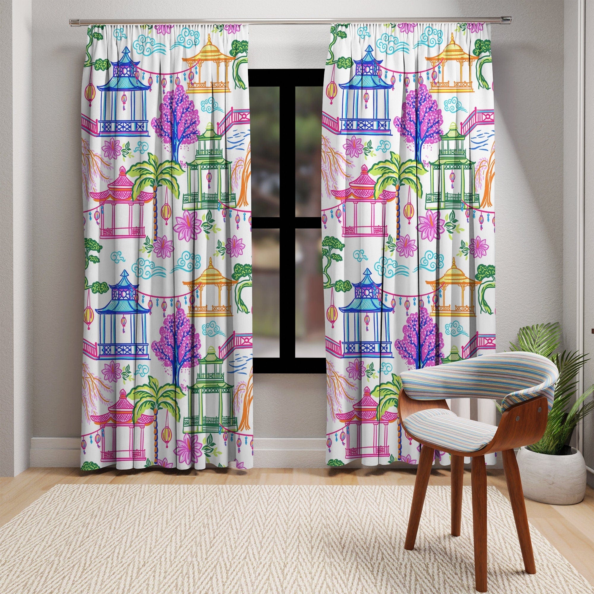 Kate McEnroe New York Tropical Chinoiserie Pagoda Garden Curtains in Blue, Pink, Green, Yellow by Kate McEnroe - KM13859923Window CurtainsW3S - CHI - MON - SH1