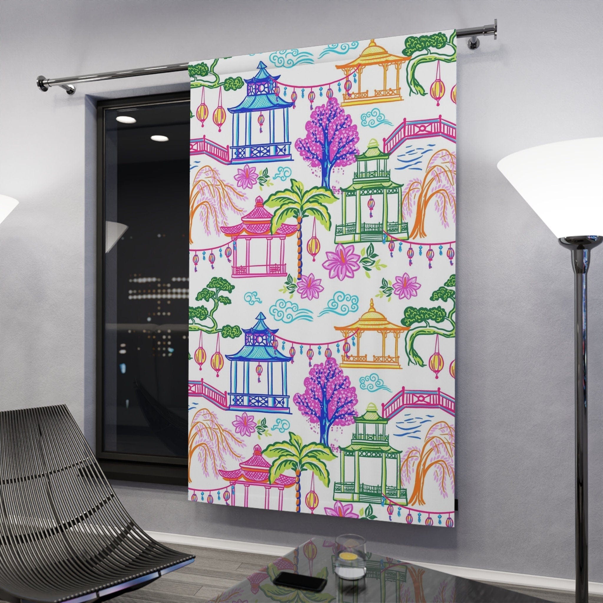 Kate McEnroe New York Tropical Chinoiserie Pagoda Garden Curtains in Blue, Pink, Green, Yellow by Kate McEnroe - KM13859923Window CurtainsW3S - CHI - MON - SH1