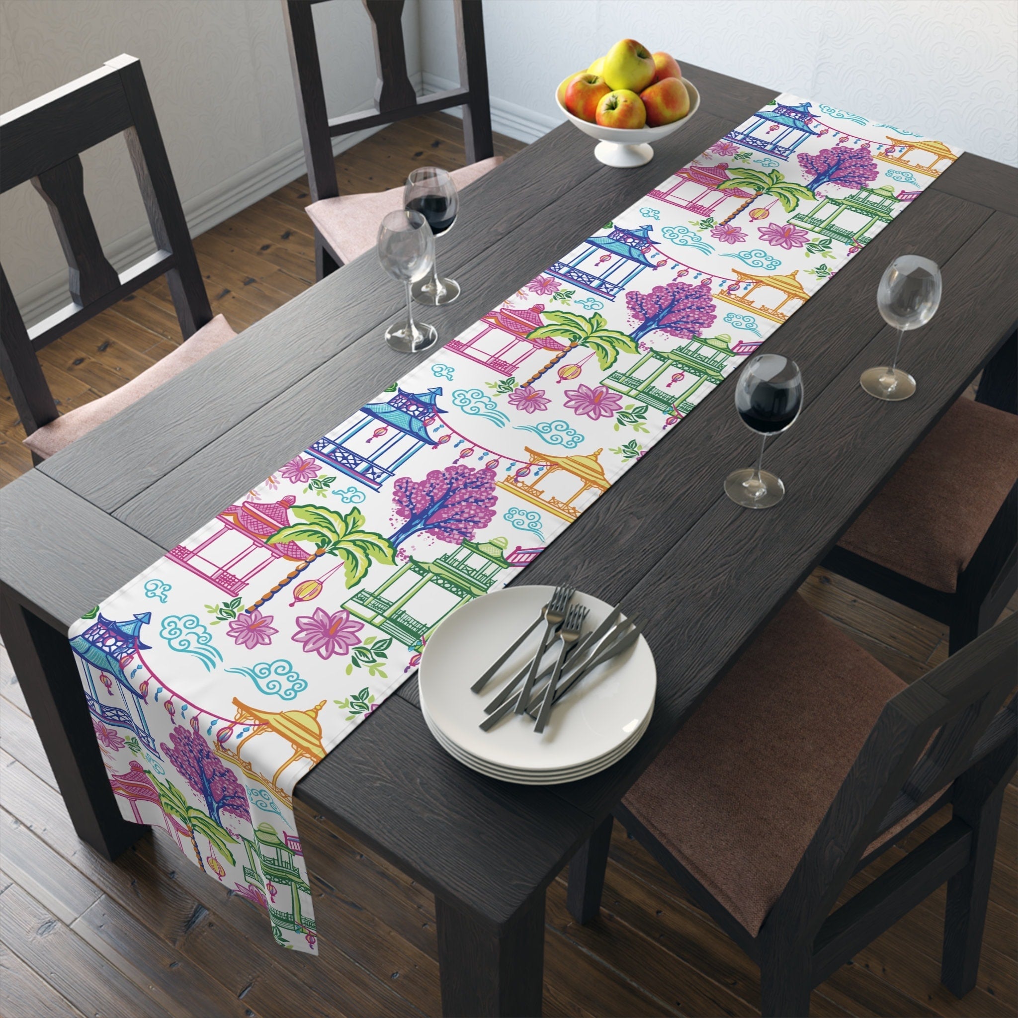 Kate McEnroe New York Tropical Chinoiserie Pagoda Table Runner Blue Pink Green Yellow Dining DecorTable Runners55495971077729346665