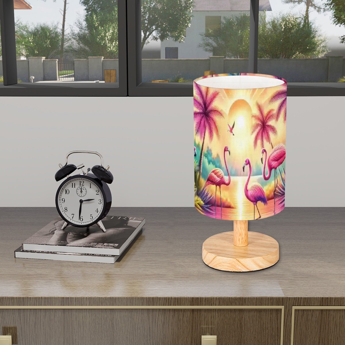 Kate McEnroe New York Tropical Flamingo Round Table Lamp, Retro Sunset Palm Tree Accent Lighting, Coastal Kitsch Bird DecorTable LampsAVYZ8UPz5q