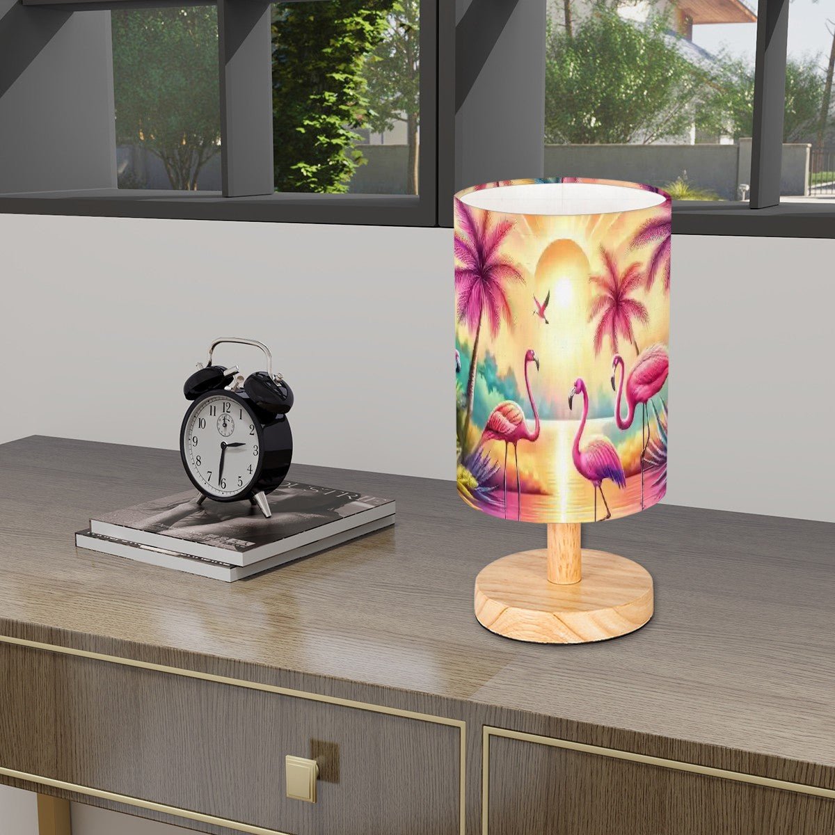 Kate McEnroe New York Tropical Flamingo Round Table Lamp, Retro Sunset Palm Tree Accent Lighting, Coastal Kitsch Bird DecorTable LampsAVYZ8UPz5q