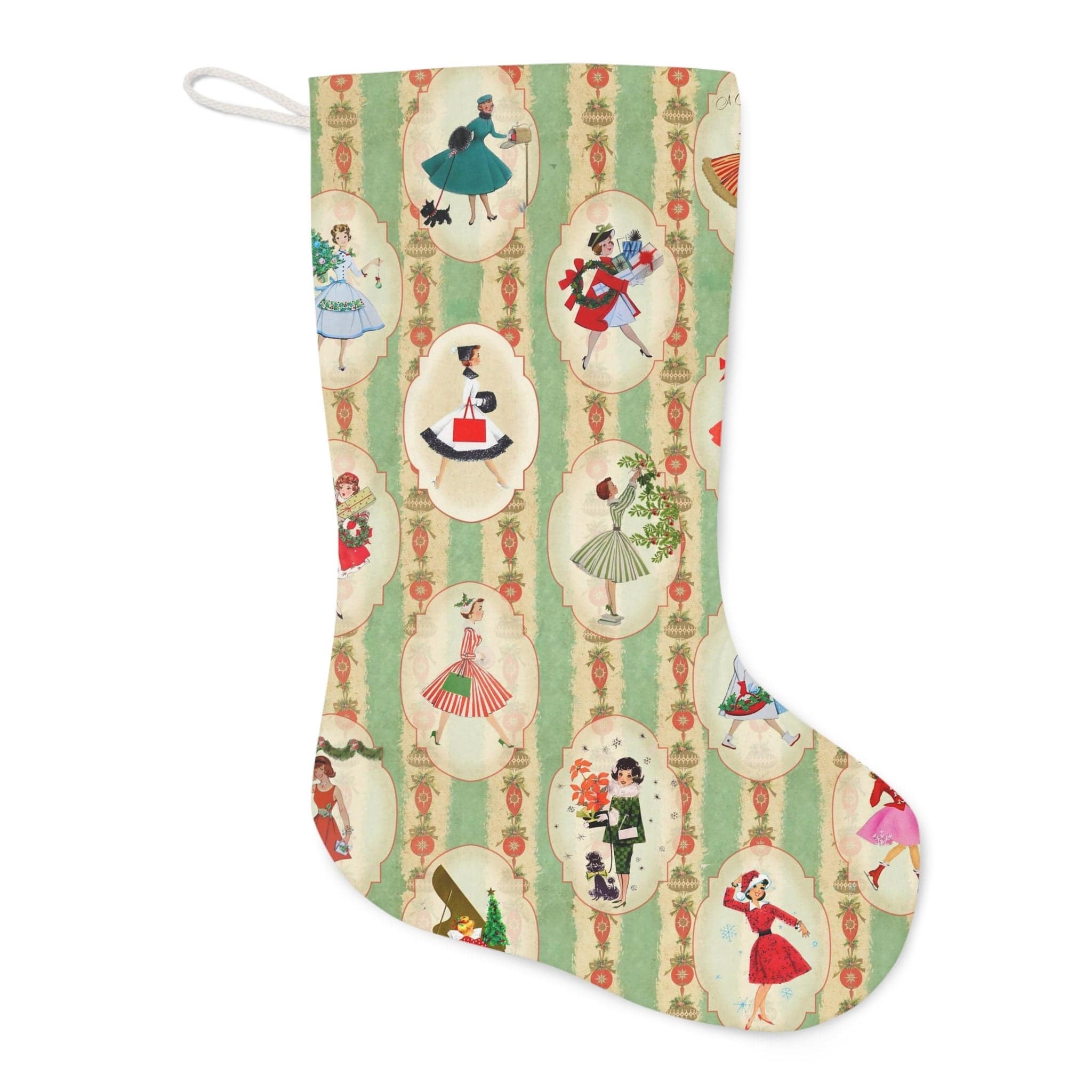 Kate McEnroe New York Vintage 1950s Christmas Stockings, Mid Century Modern Retro Green, Red, Women, Housewives in Christmas Setting Holiday Decor - KM13579723Holiday Stockings11012746711415640049